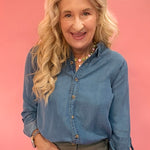 Chambray Collared 3/4 Tab Sleeve Button Down Shirt - Chambray