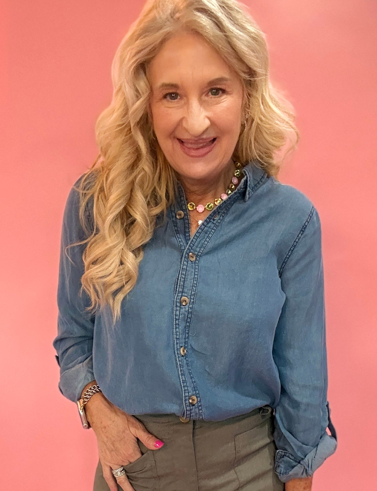 Chambray Collared 3/4 Tab Sleeve Button Down Shirt - Chambray