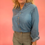 Chambray Collared 3/4 Tab Sleeve Button Down Shirt - Chambray
