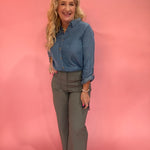 Chambray Collared 3/4 Tab Sleeve Button Down Shirt - Chambray