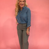 Chambray Collared 3/4 Tab Sleeve Button Down Shirt - Chambray