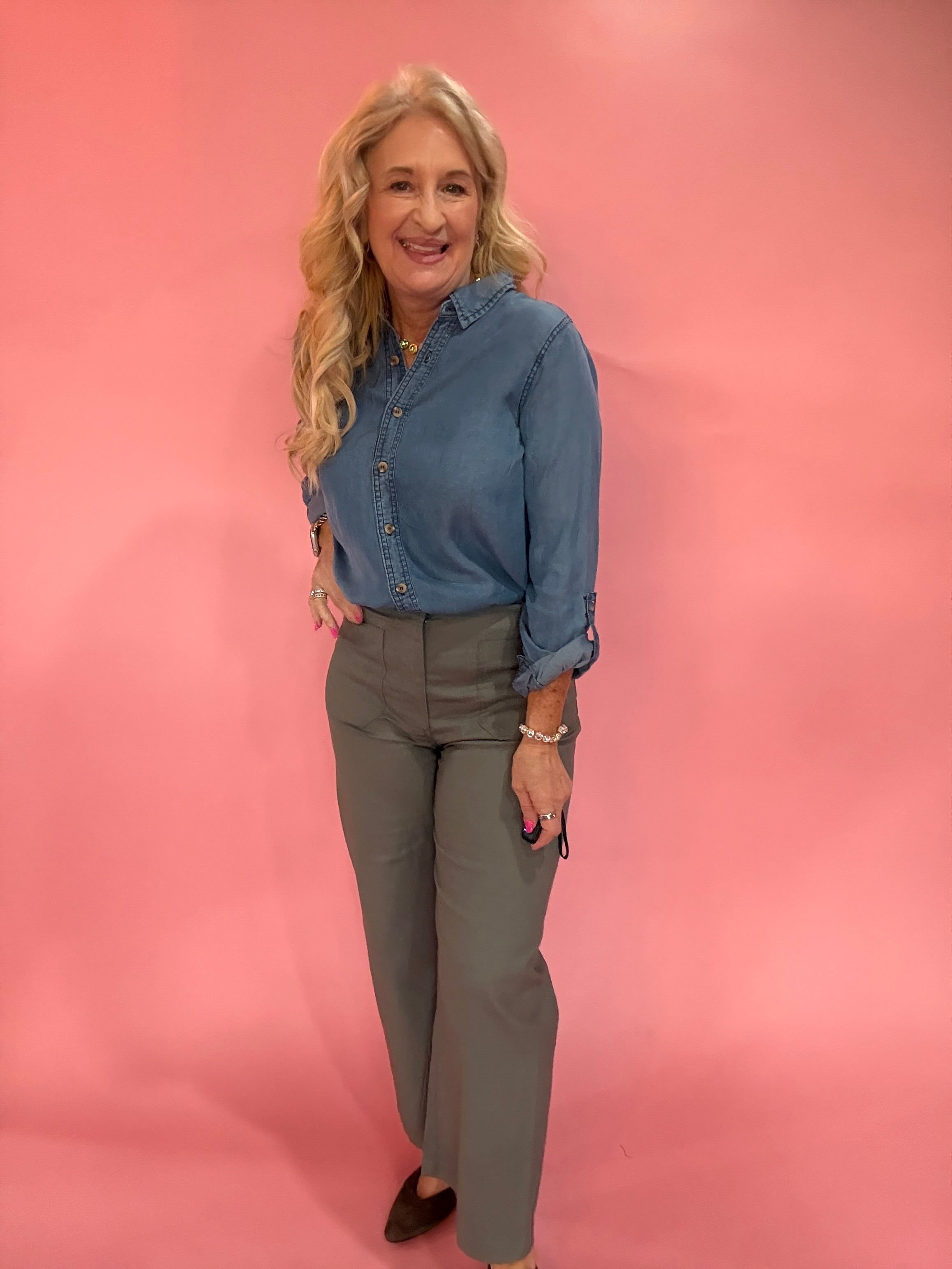 Chambray Collared 3/4 Tab Sleeve Button Down Shirt - Chambray