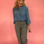 Chambray Collared 3/4 Tab Sleeve Button Down Shirt - Chambray