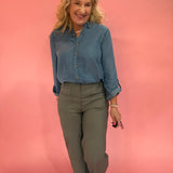 Chambray Collared 3/4 Tab Sleeve Button Down Shirt - Chambray