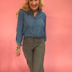 Chambray Collared 3/4 Tab Sleeve Button Down Shirt - Chambray