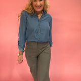 Chambray Collared 3/4 Tab Sleeve Button Down Shirt - Chambray