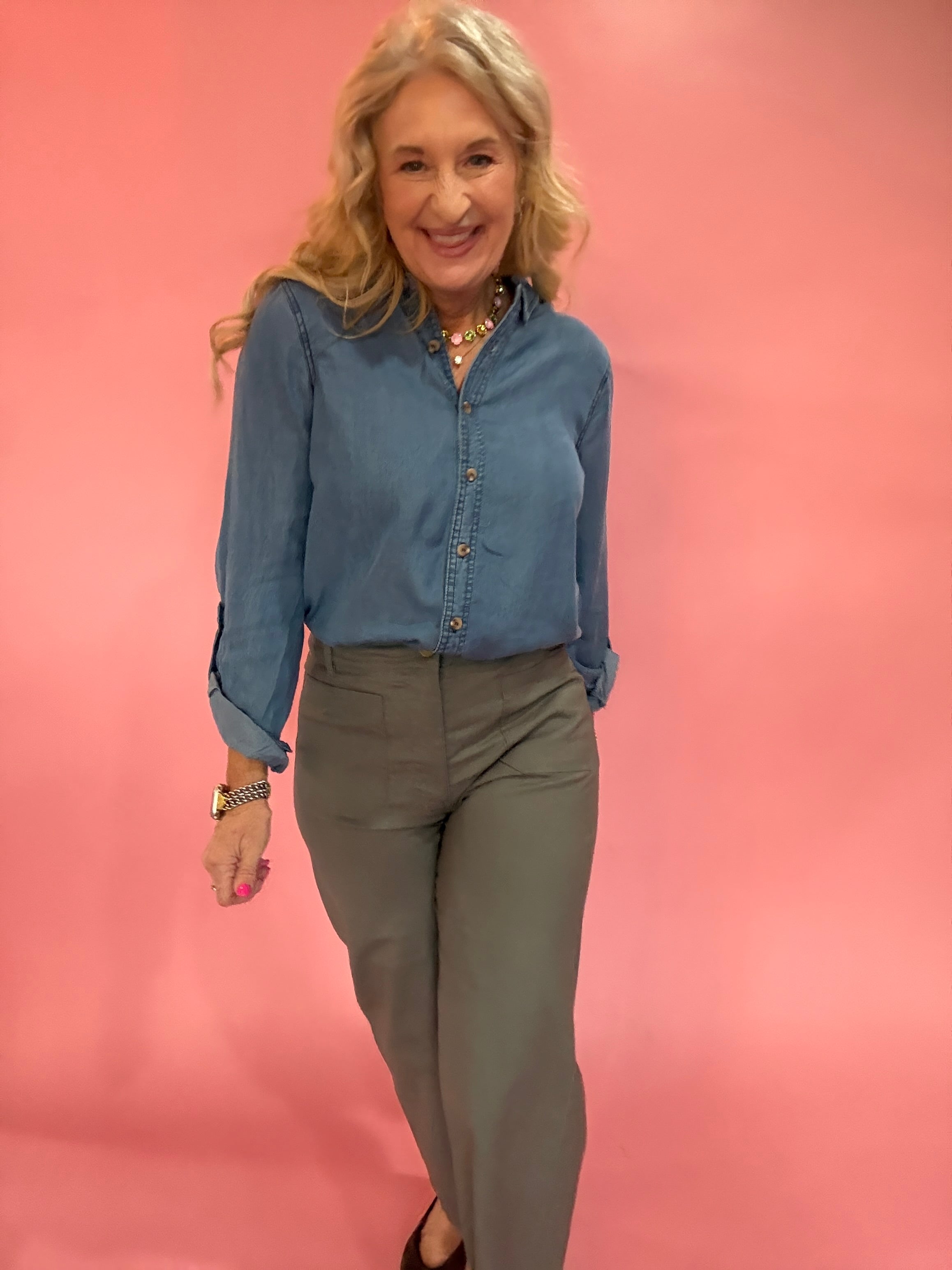 Chambray Collared 3/4 Tab Sleeve Button Down Shirt - Chambray