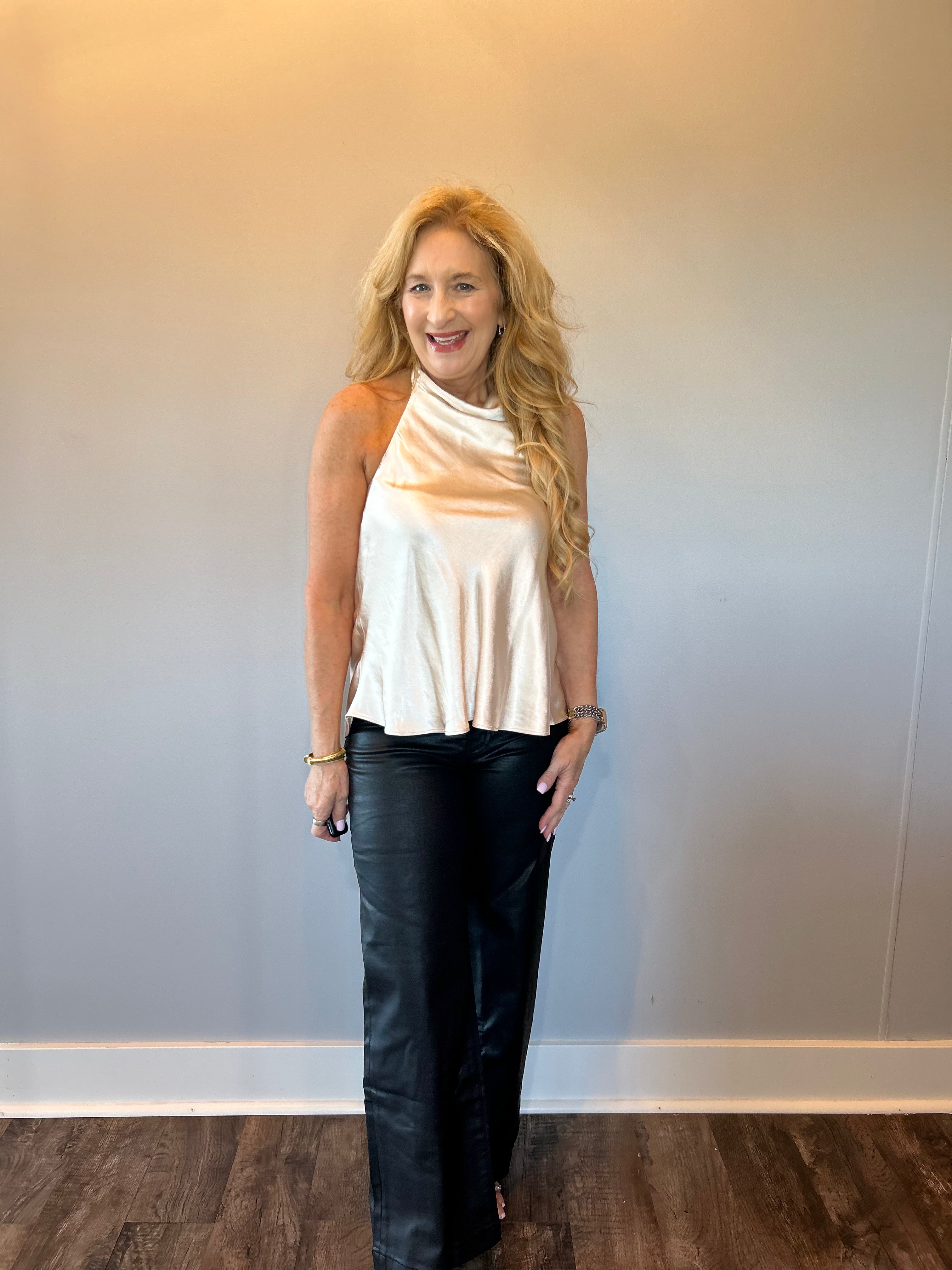 Champagne Glow Satin Halter Top