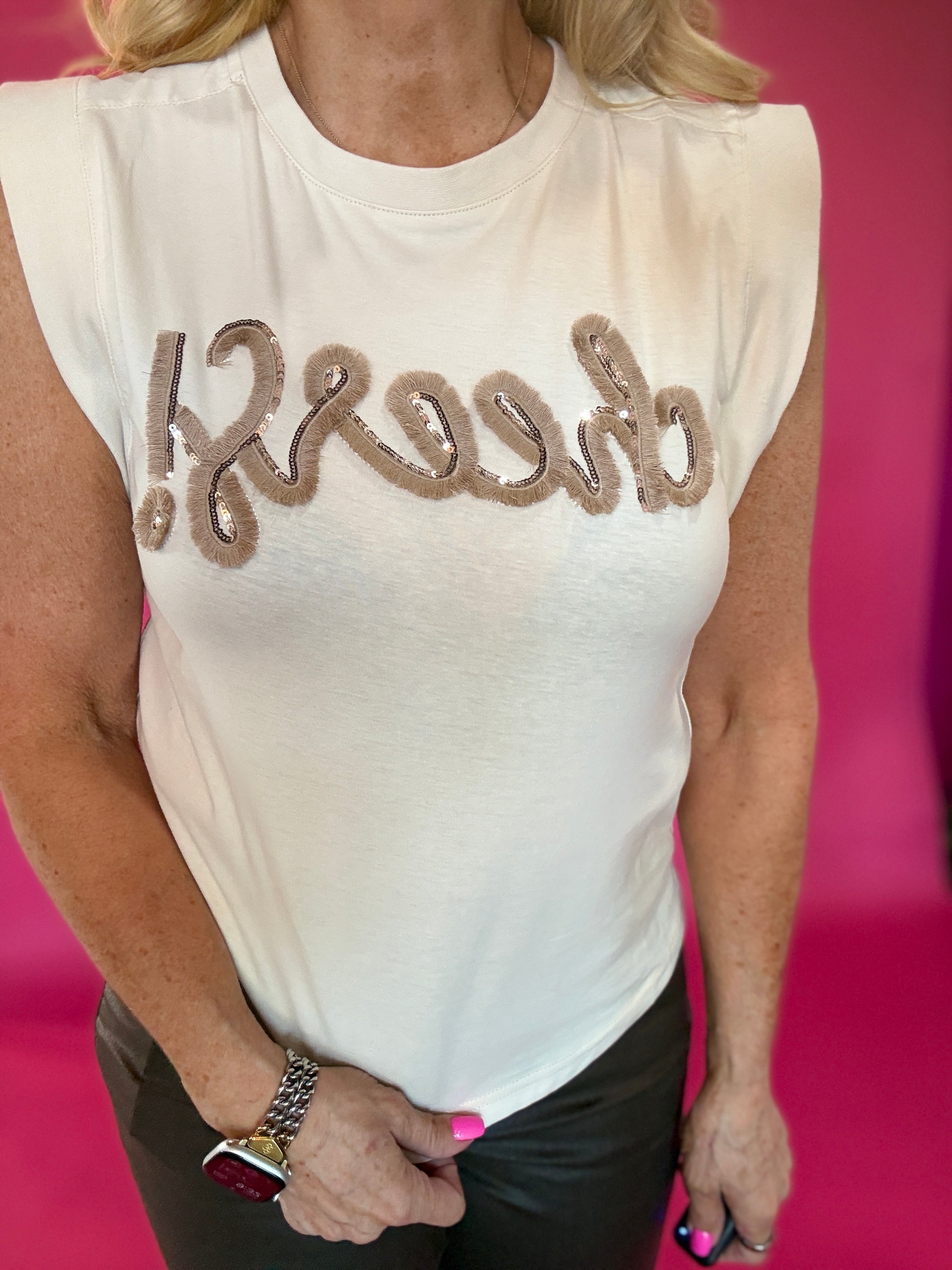 Cheers Embroidered Sleeveless Tee