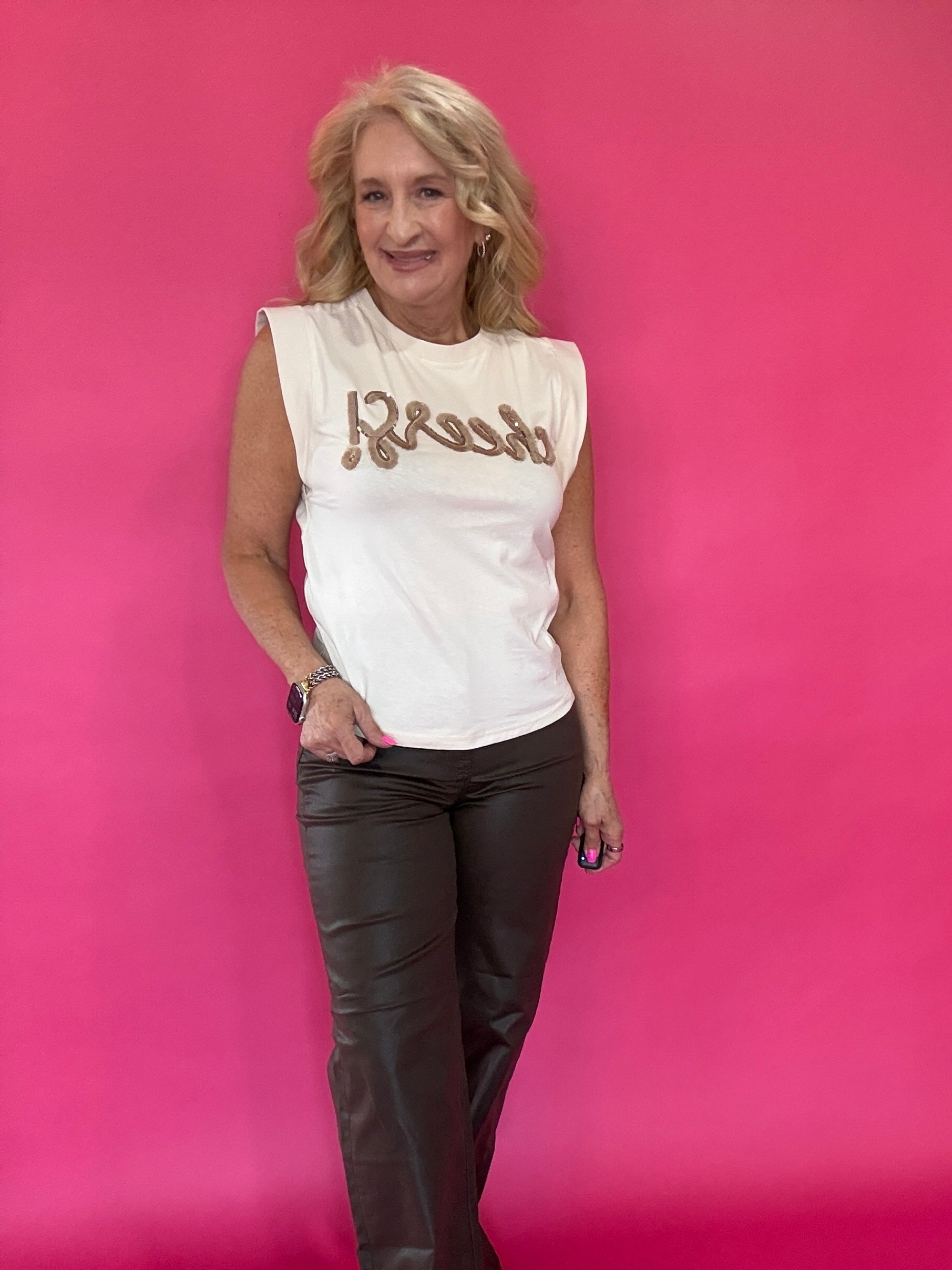 Cheers Embroidered Sleeveless Tee