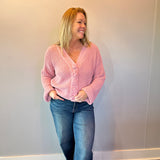 Chenille V-Neck Button Cardigan in Pink - Shabby 2 Chic Boutiques