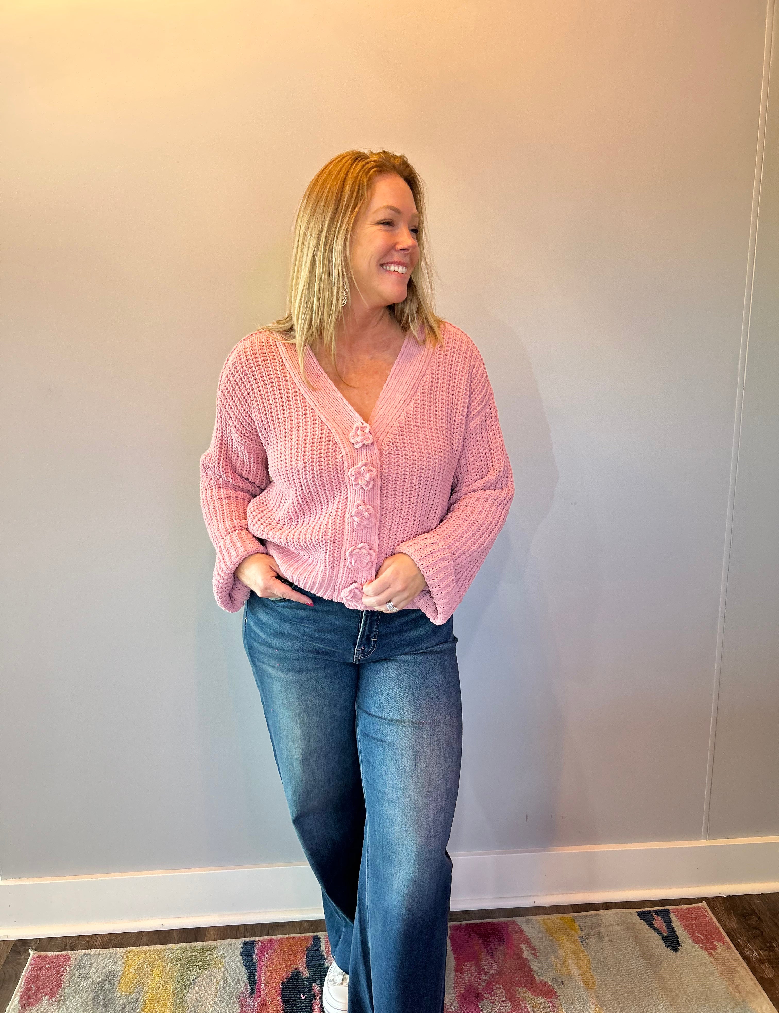 Chenille V-Neck Button Cardigan in Pink - Shabby 2 Chic Boutiques