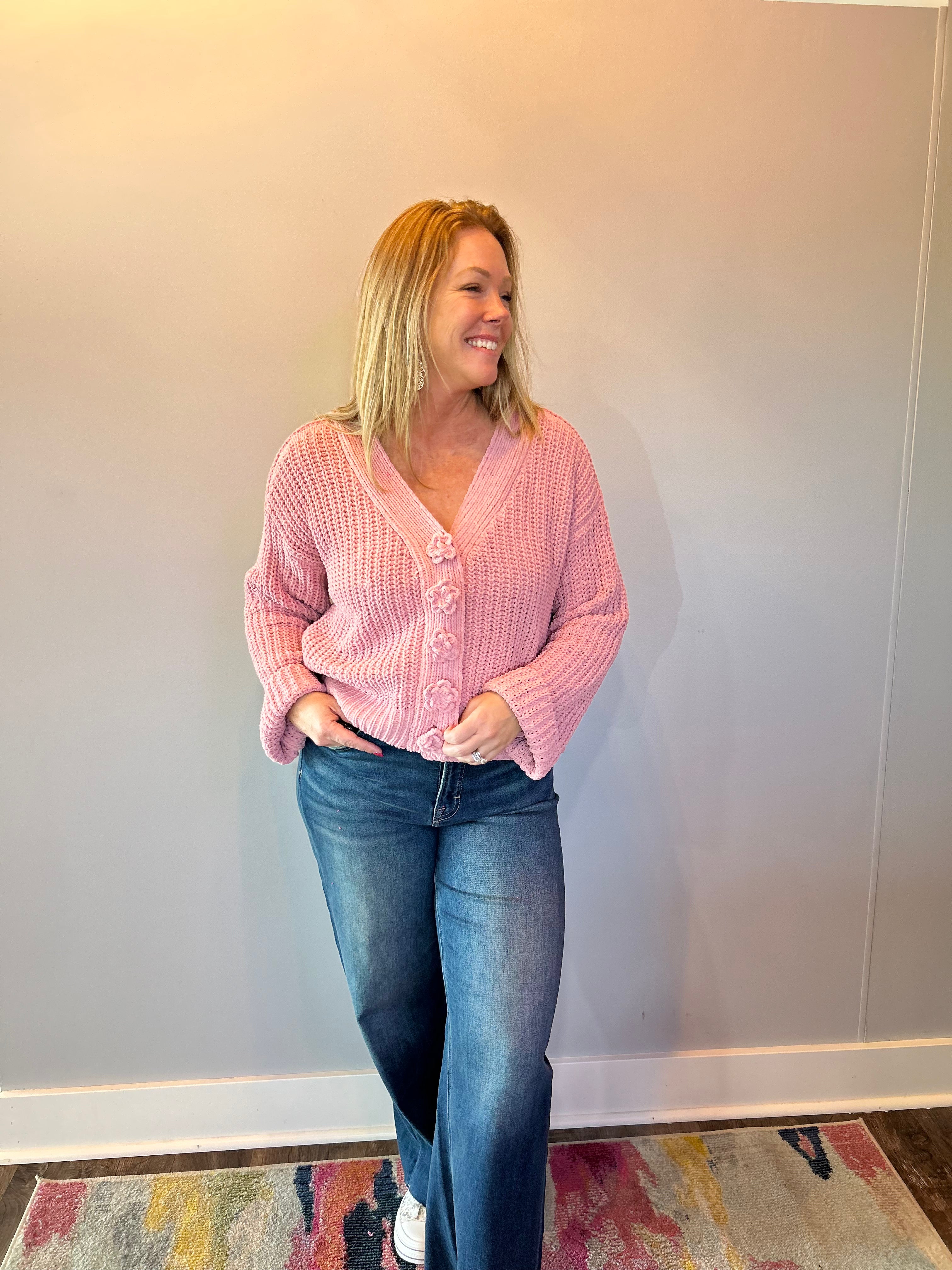 Chenille V-Neck Button Cardigan in Pink - Shabby 2 Chic Boutiques