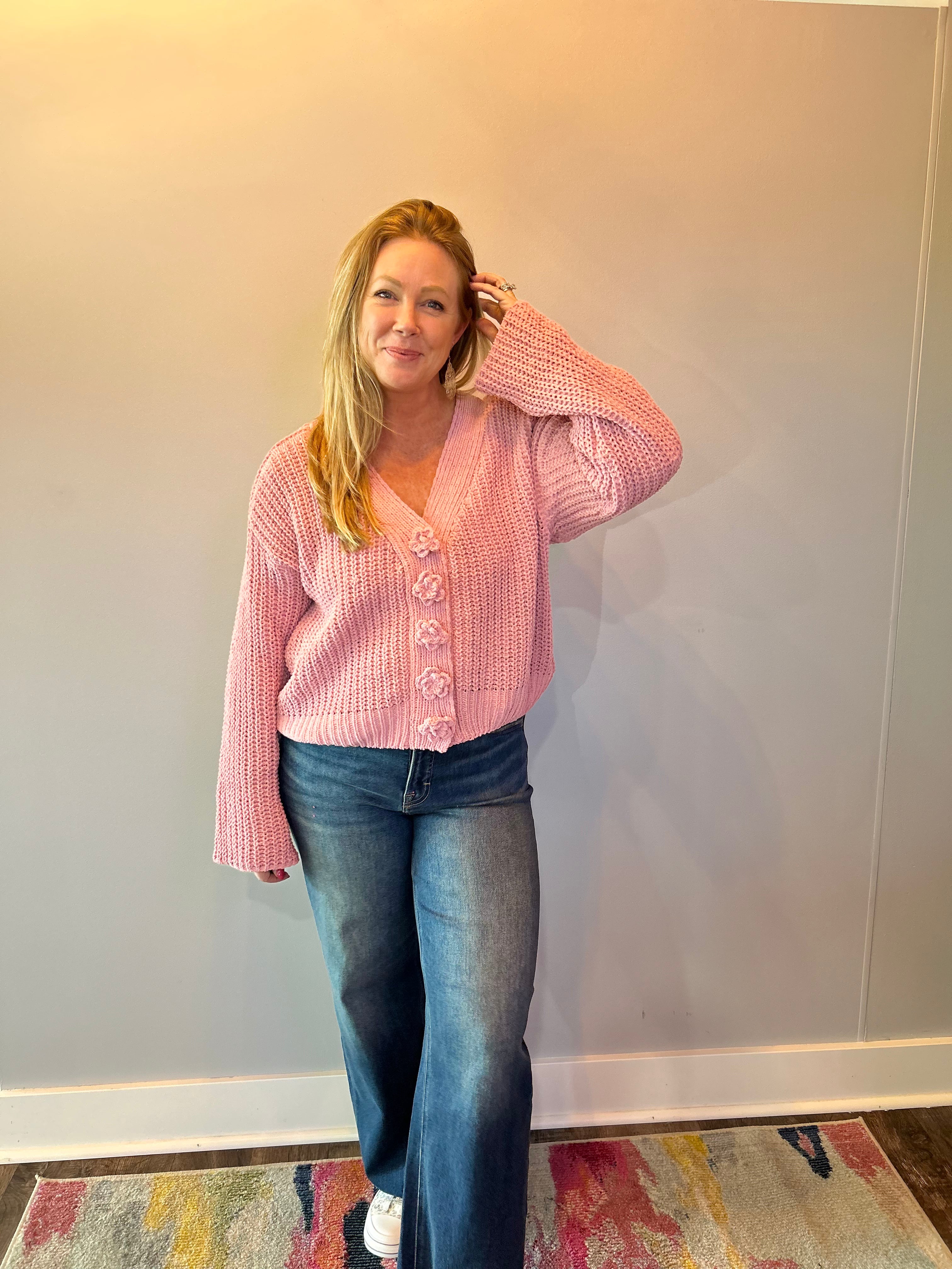 Chenille V-Neck Button Cardigan in Pink - Shabby 2 Chic Boutiques