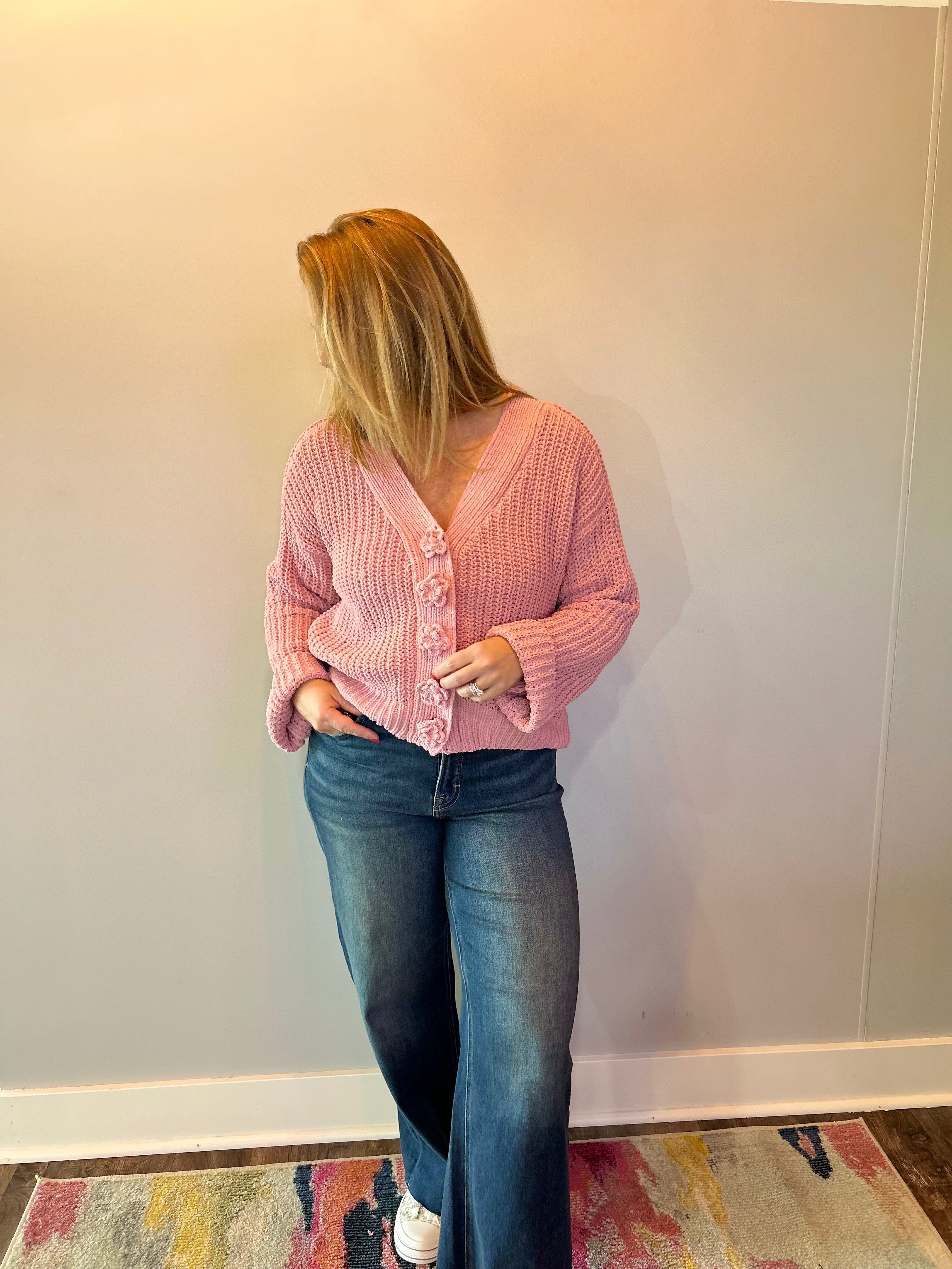 Chenille V-Neck Button Cardigan in Pink - Shabby 2 Chic Boutiques