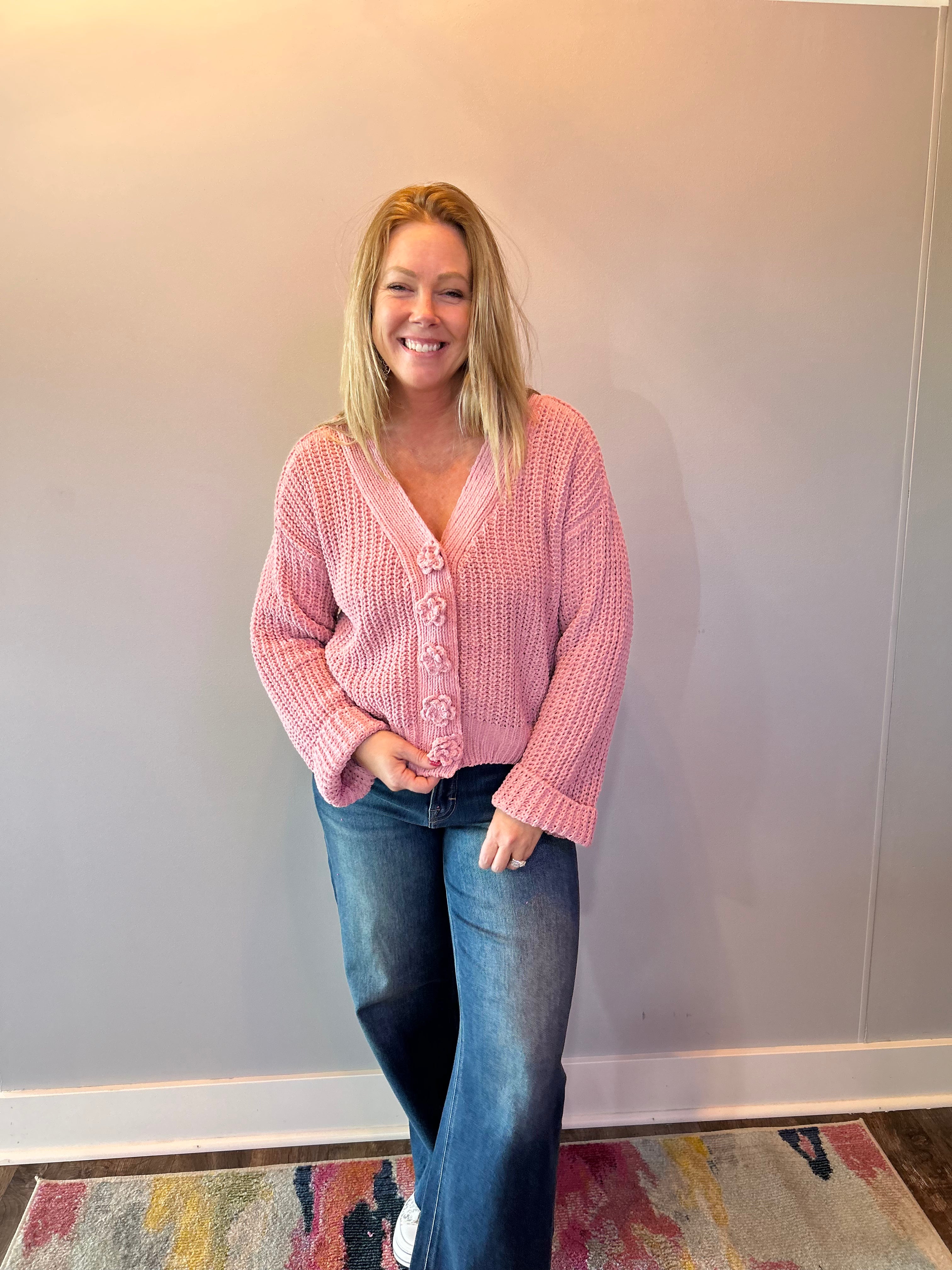 Chenille V-Neck Button Cardigan in Pink - Shabby 2 Chic Boutiques