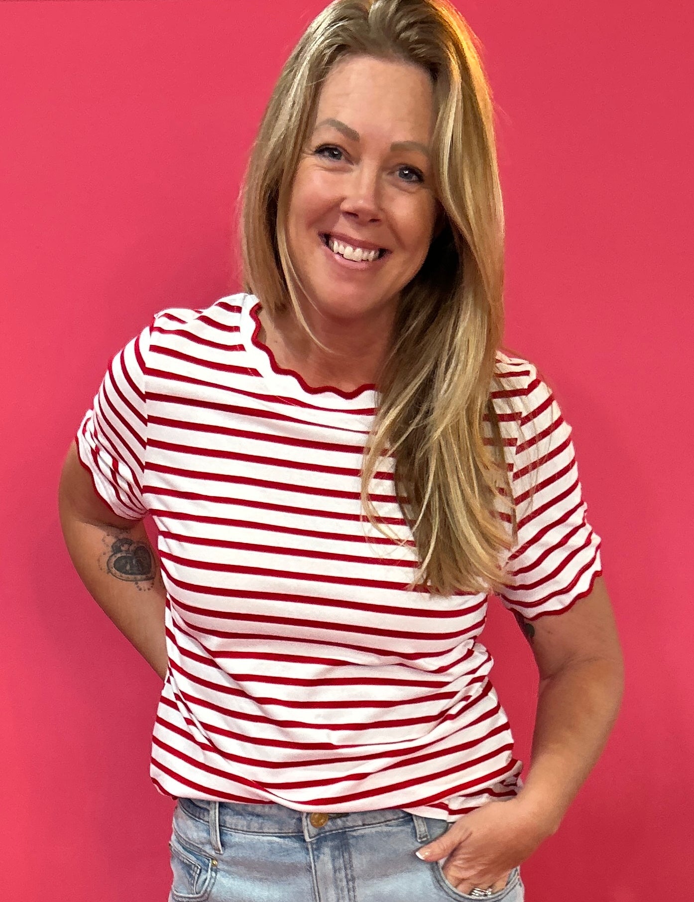 Cherry Picnic Stripe Scalloped Trim  Everyday Tee - Shabby 2 Chic Boutiques