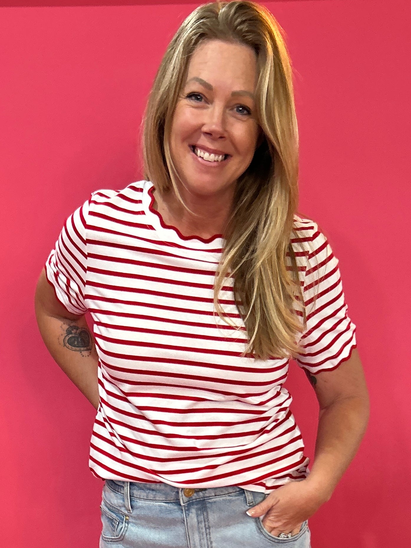 Cherry Picnic Stripe Scalloped Trim  Everyday Tee - Shabby 2 Chic Boutiques