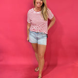 Cherry Picnic Stripe Scalloped Trim  Everyday Tee - Shabby 2 Chic Boutiques