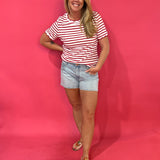 Cherry Picnic Stripe Scalloped Trim  Everyday Tee - Shabby 2 Chic Boutiques