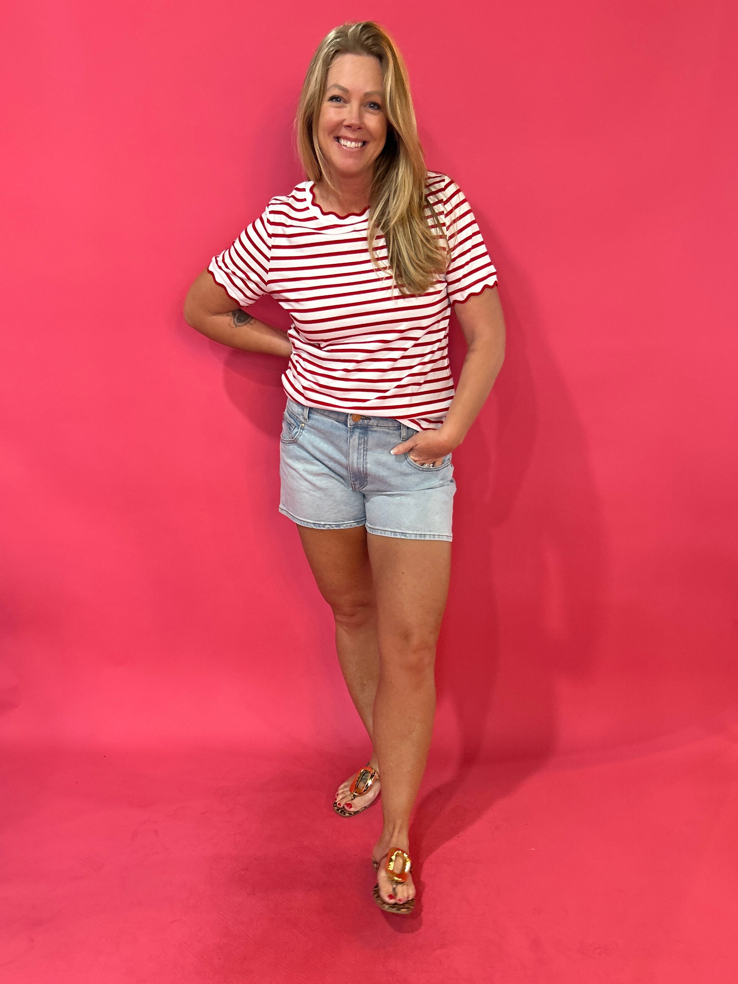 Cherry Picnic Stripe Scalloped Trim  Everyday Tee - Shabby 2 Chic Boutiques