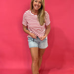 Cherry Picnic Stripe Scalloped Trim  Everyday Tee - Shabby 2 Chic Boutiques