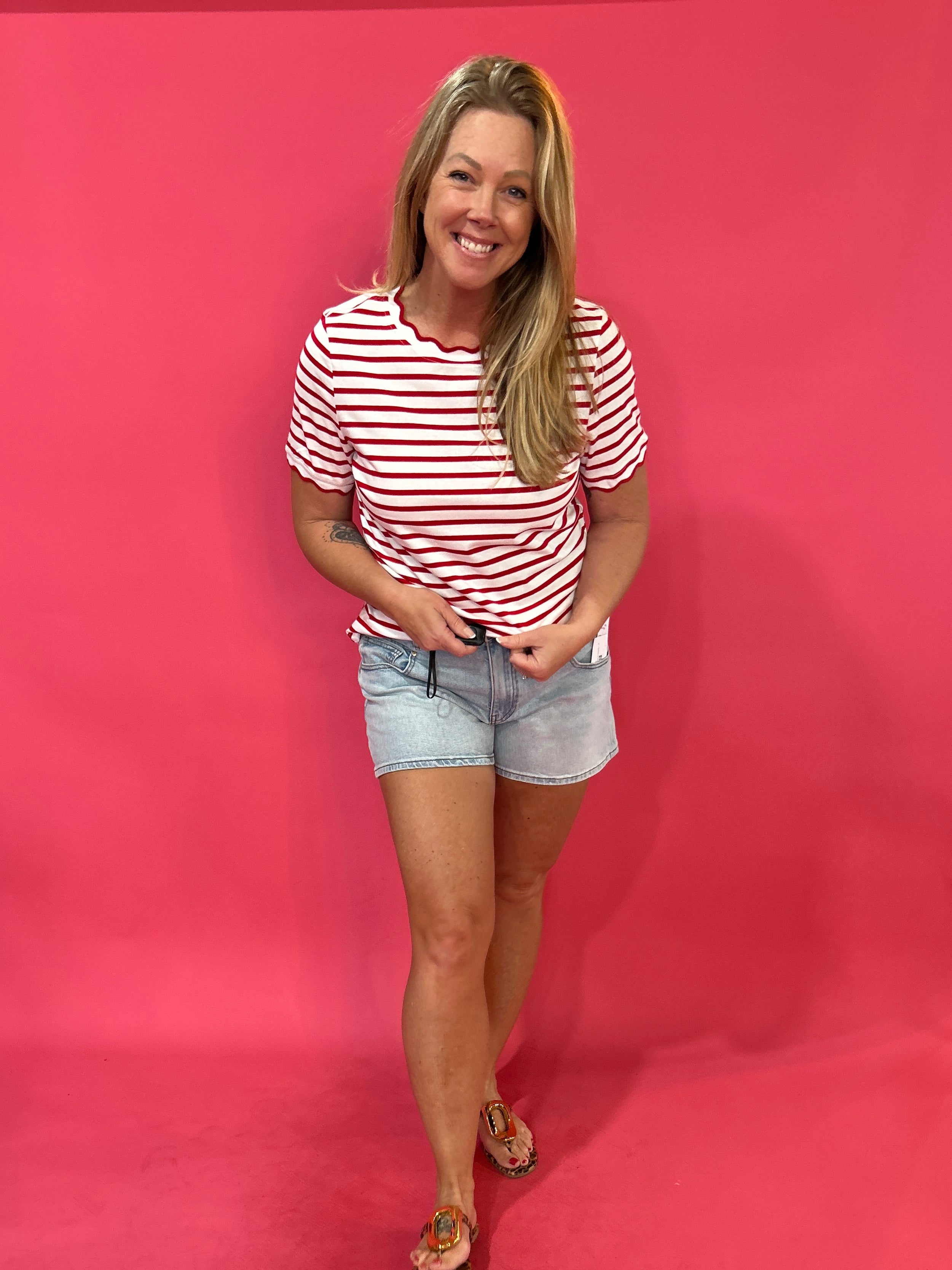 Cherry Picnic Stripe Scalloped Trim  Everyday Tee - Shabby 2 Chic Boutiques