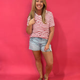 Cherry Picnic Stripe Scalloped Trim  Everyday Tee - Shabby 2 Chic Boutiques