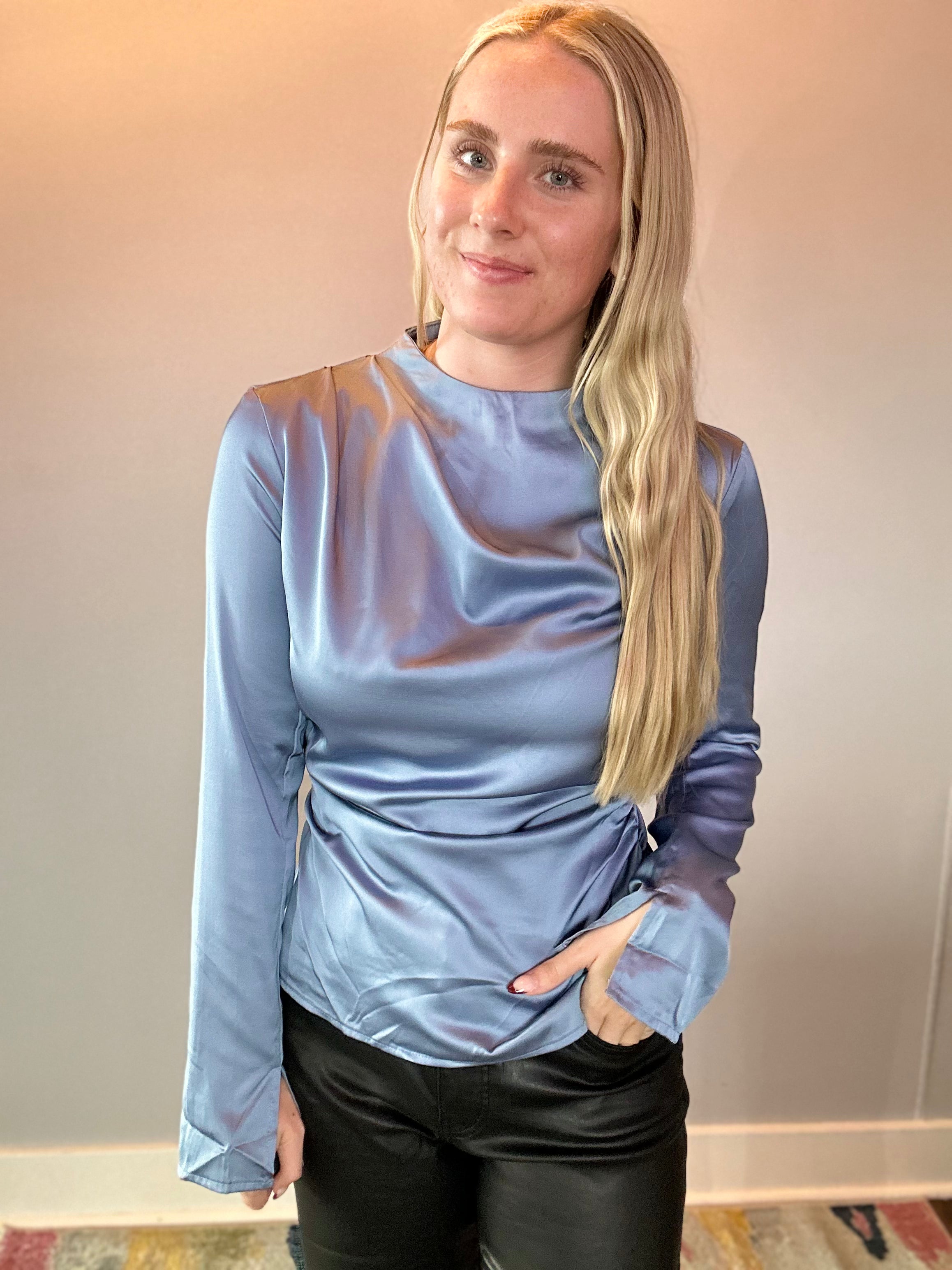 Chic & Sleek High Neck Ruched Top in Blue