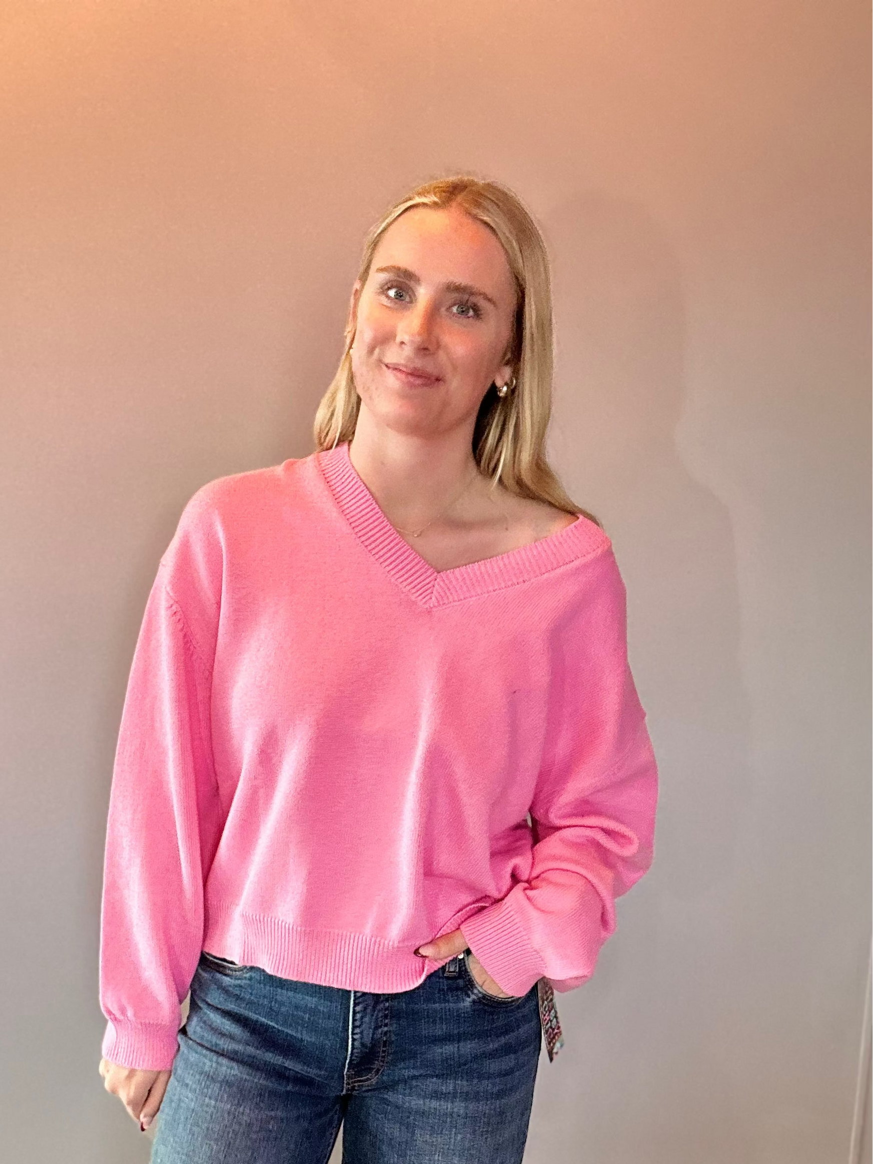 Chloe Cozy V-Neck Sweater in Pink