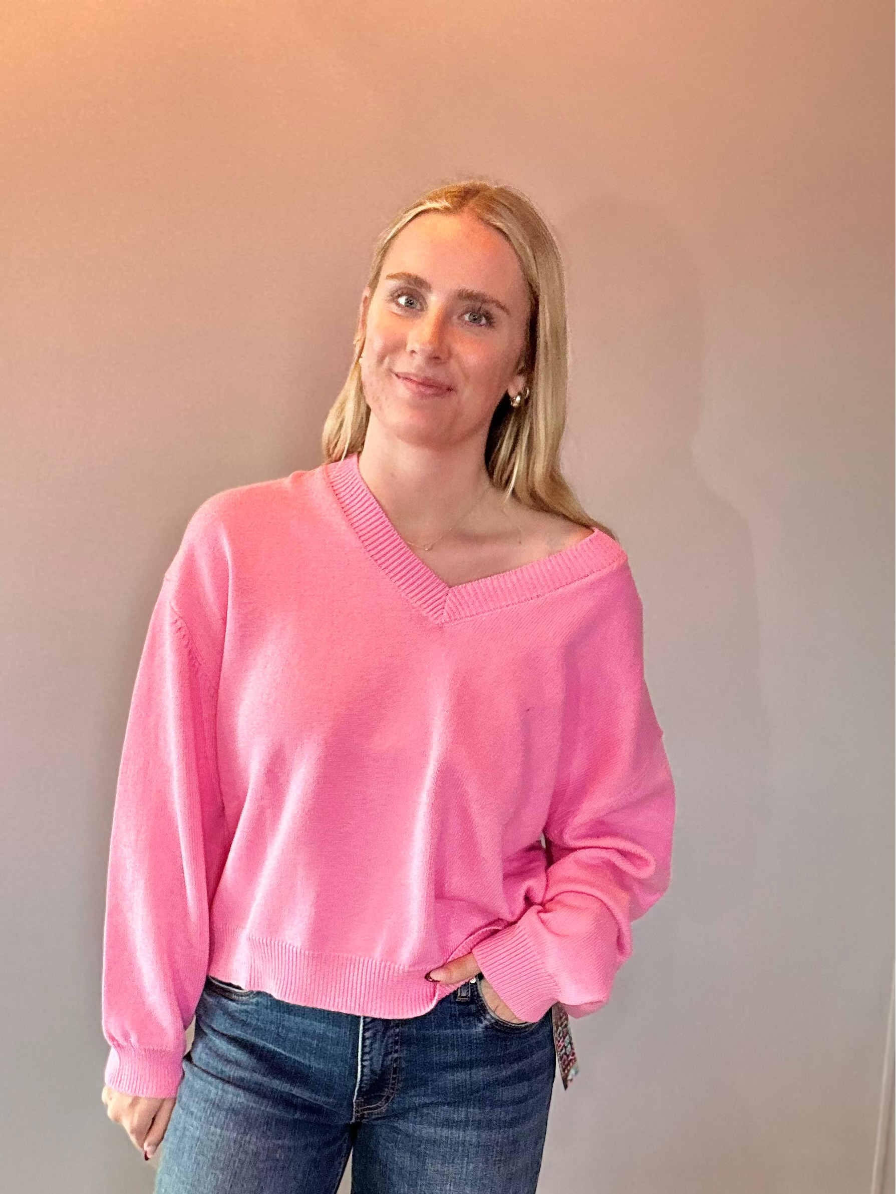 Chloe Cozy V-Neck Sweater in Pink