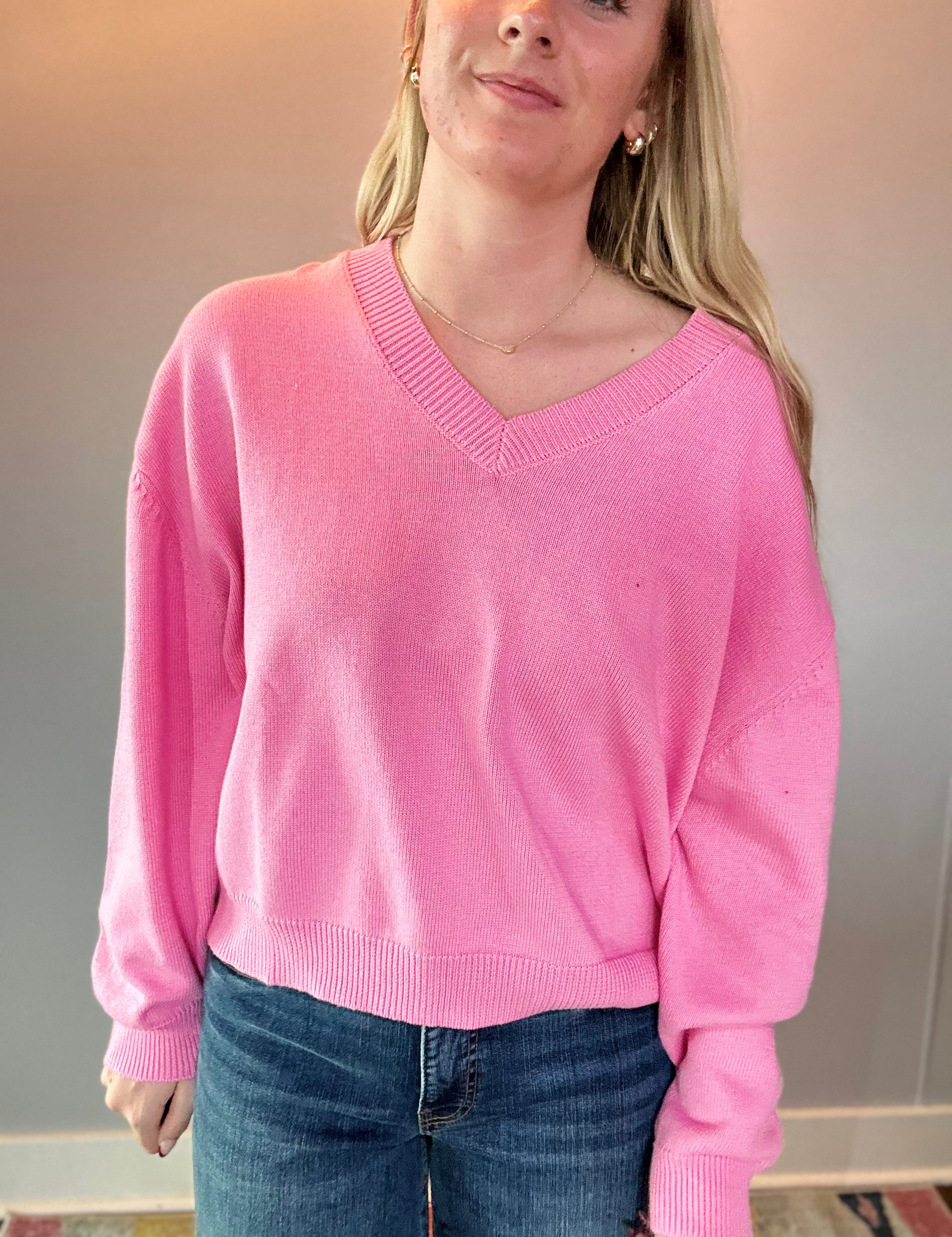 Chloe Cozy V-Neck Sweater in Pink