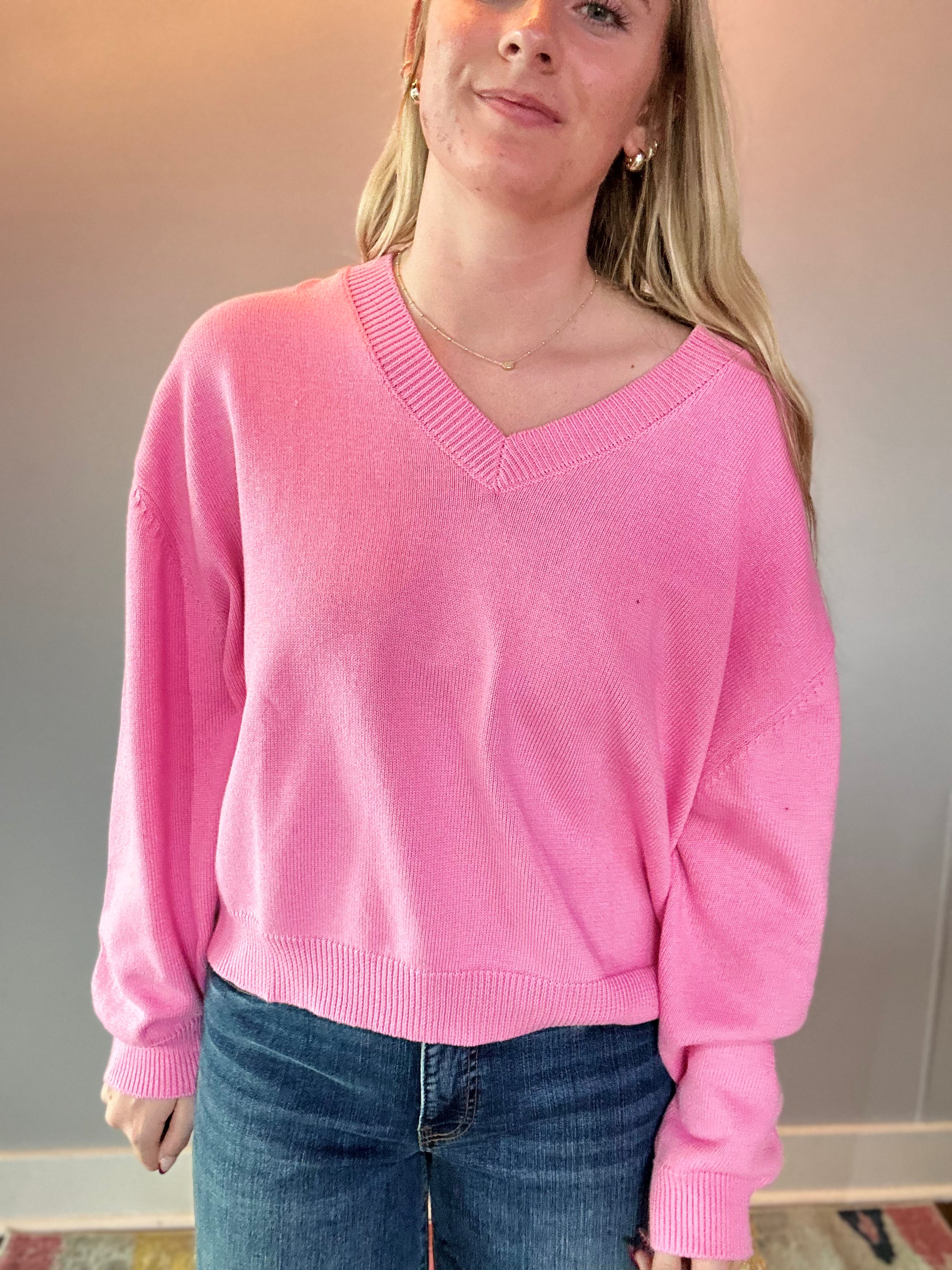 Chloe Cozy V-Neck Sweater in Pink