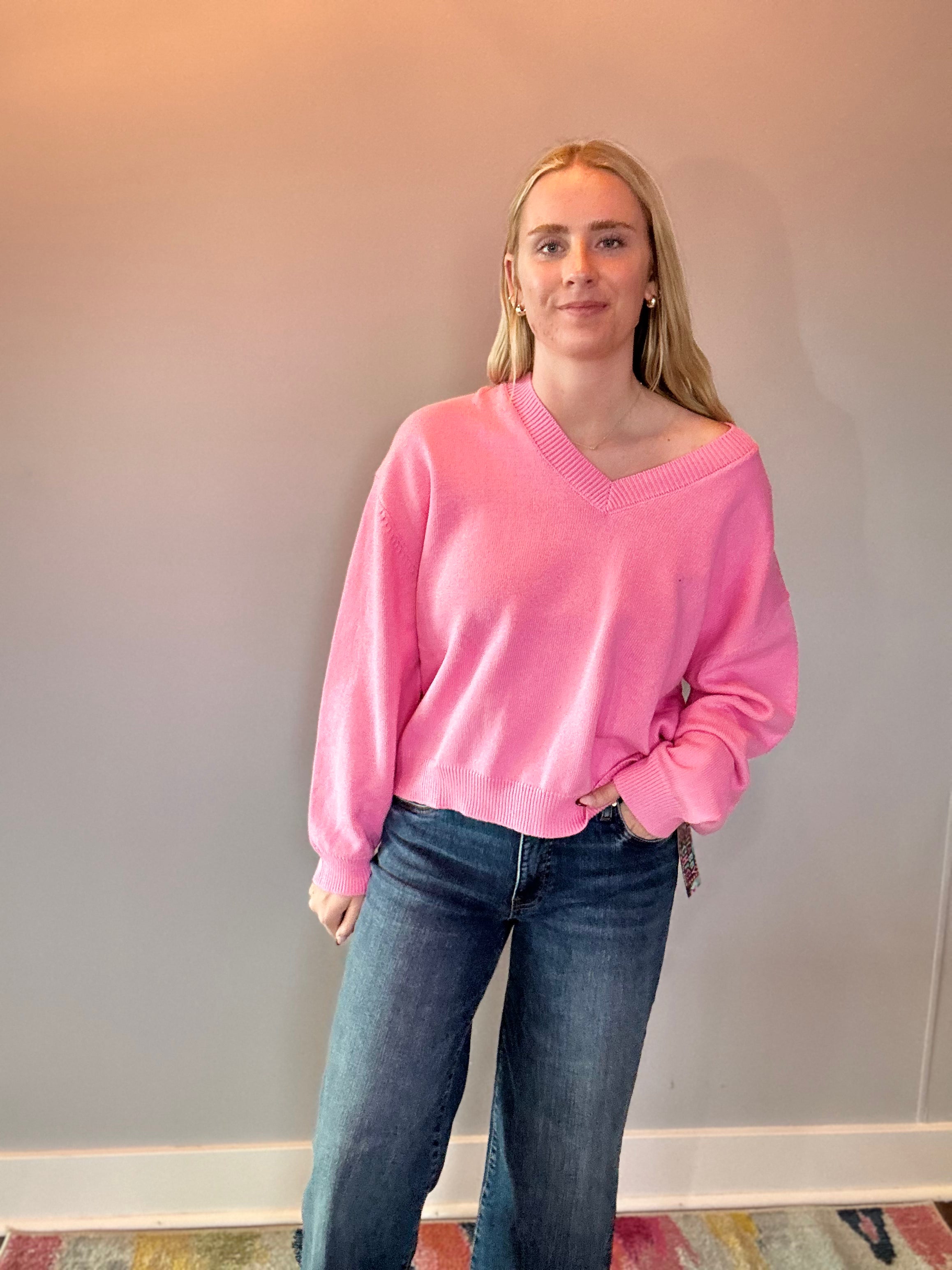 Chloe Cozy V-Neck Sweater in Pink