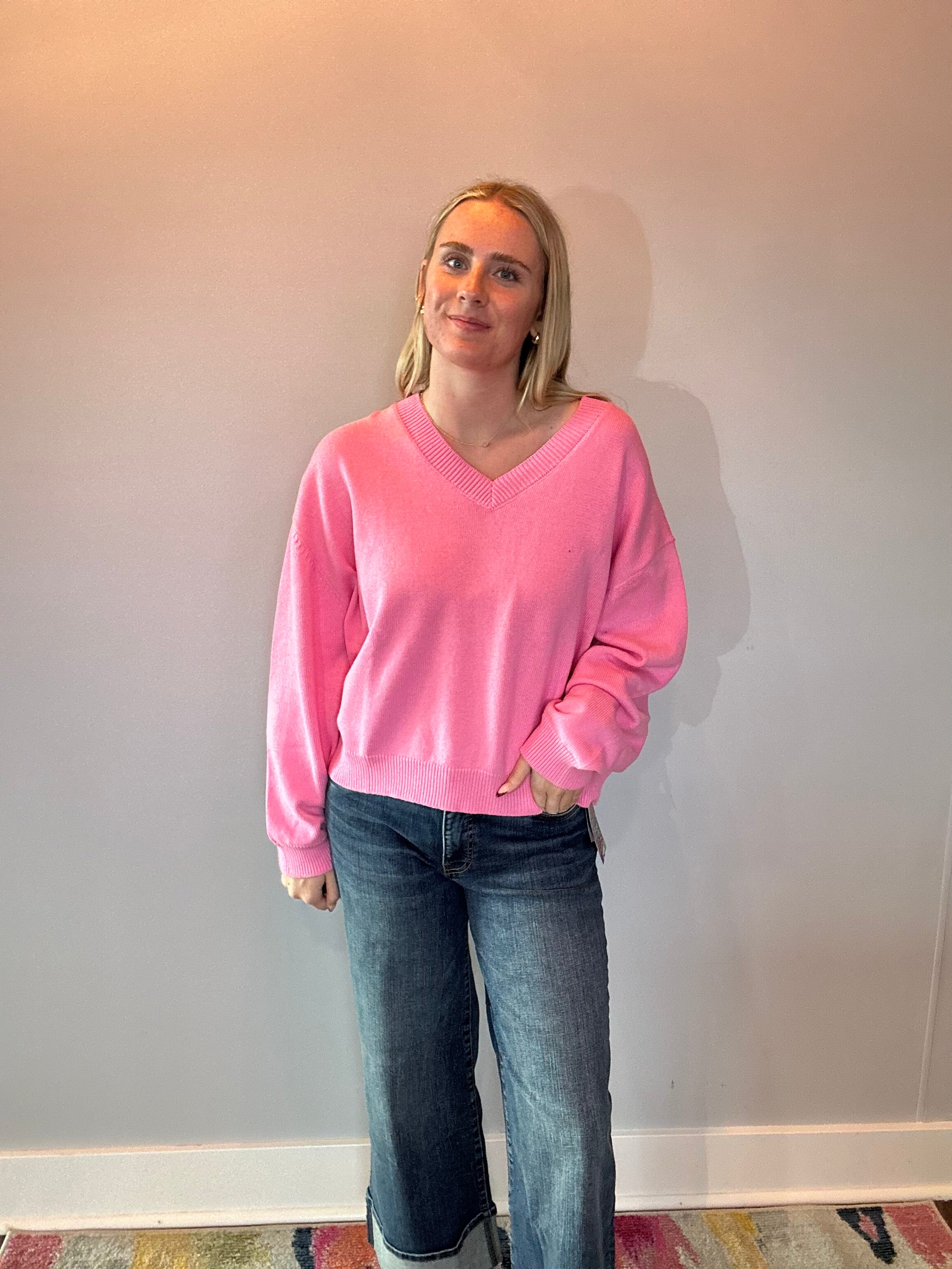 Chloe Cozy V-Neck Sweater in Pink