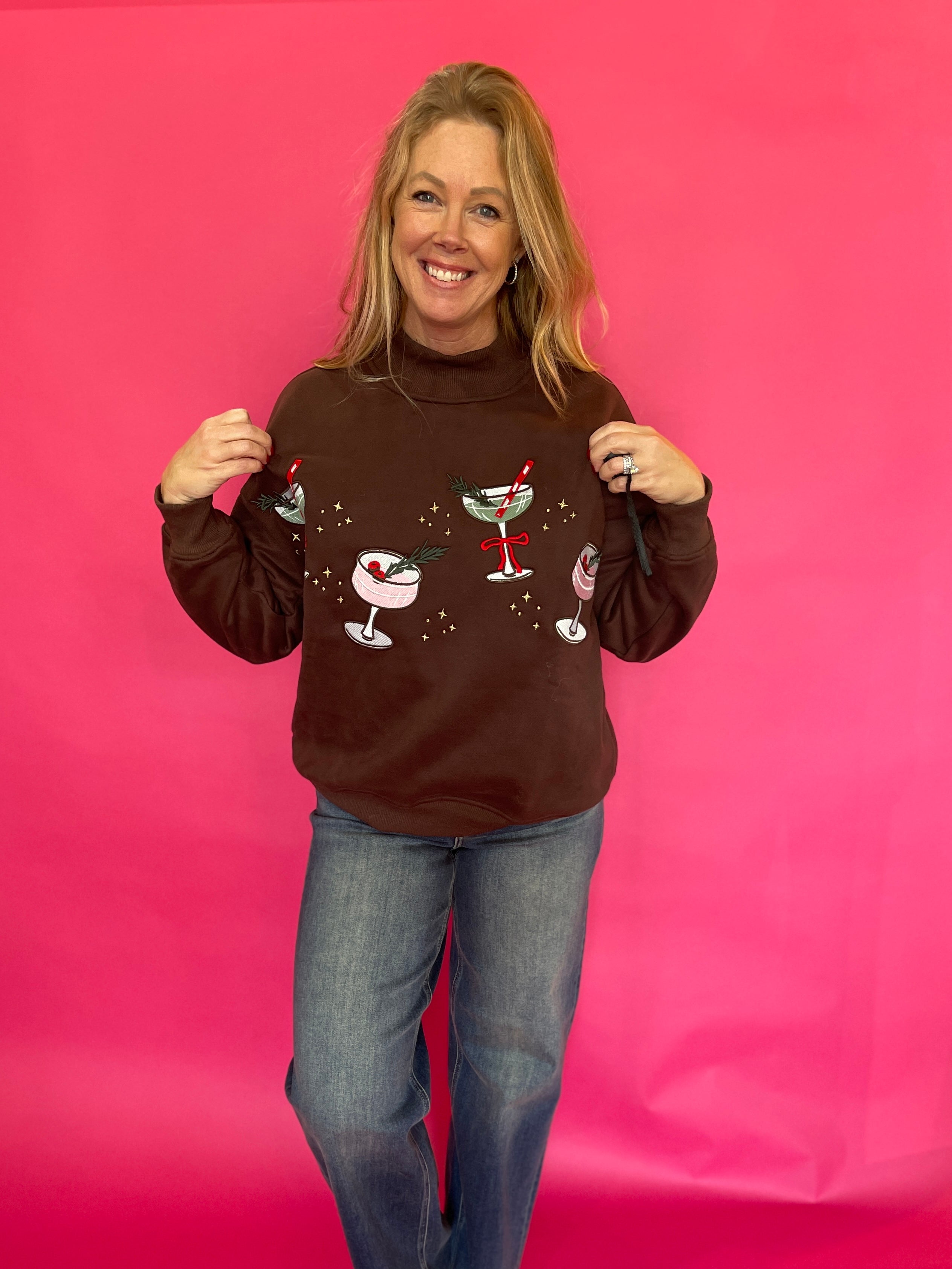 Christmas Cocktail Mock Neck Sweatshirt in Brown