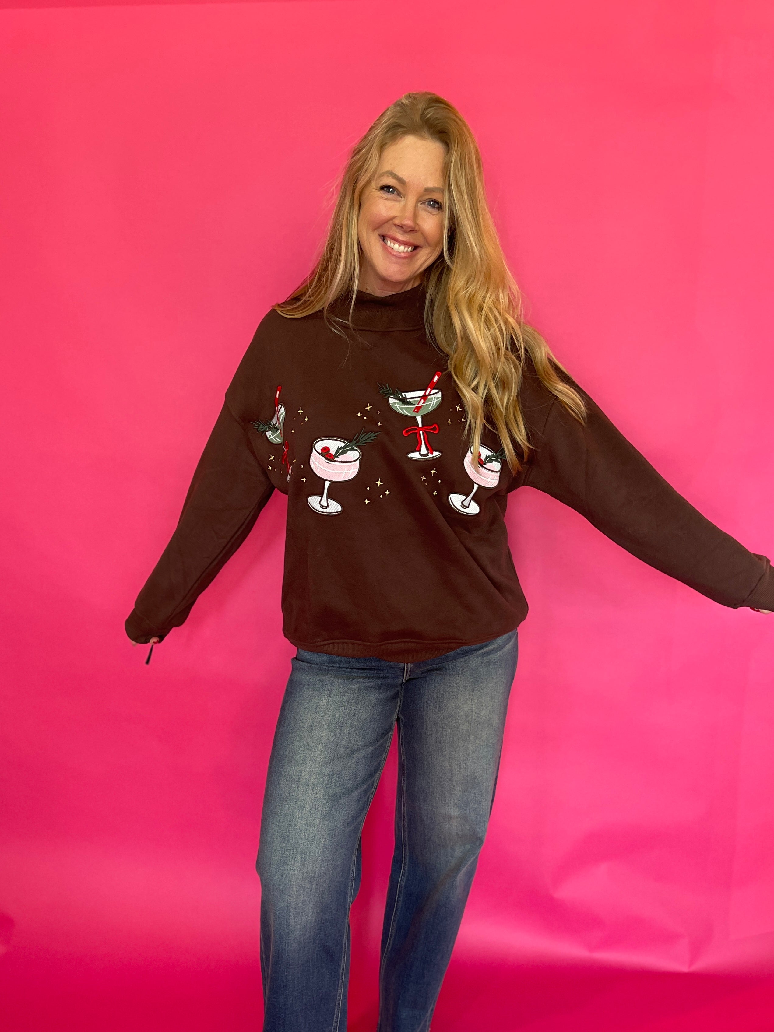 Christmas Cocktail Mock Neck Sweatshirt in Brown