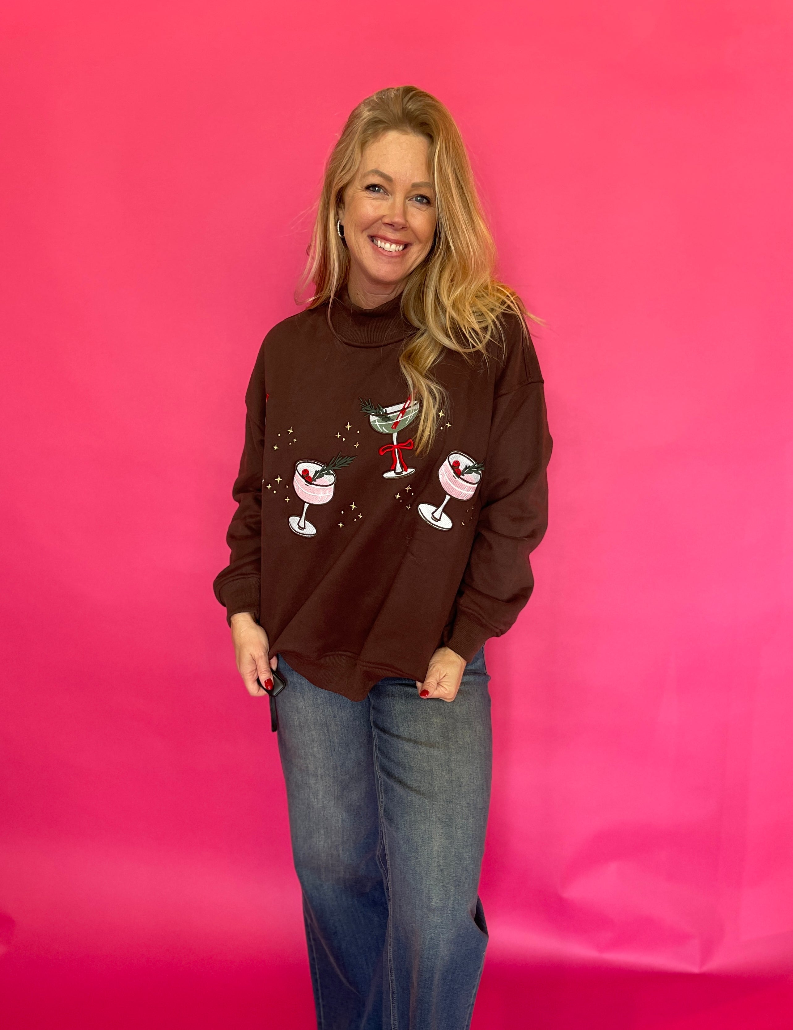 Christmas Cocktail Mock Neck Sweatshirt in Brown