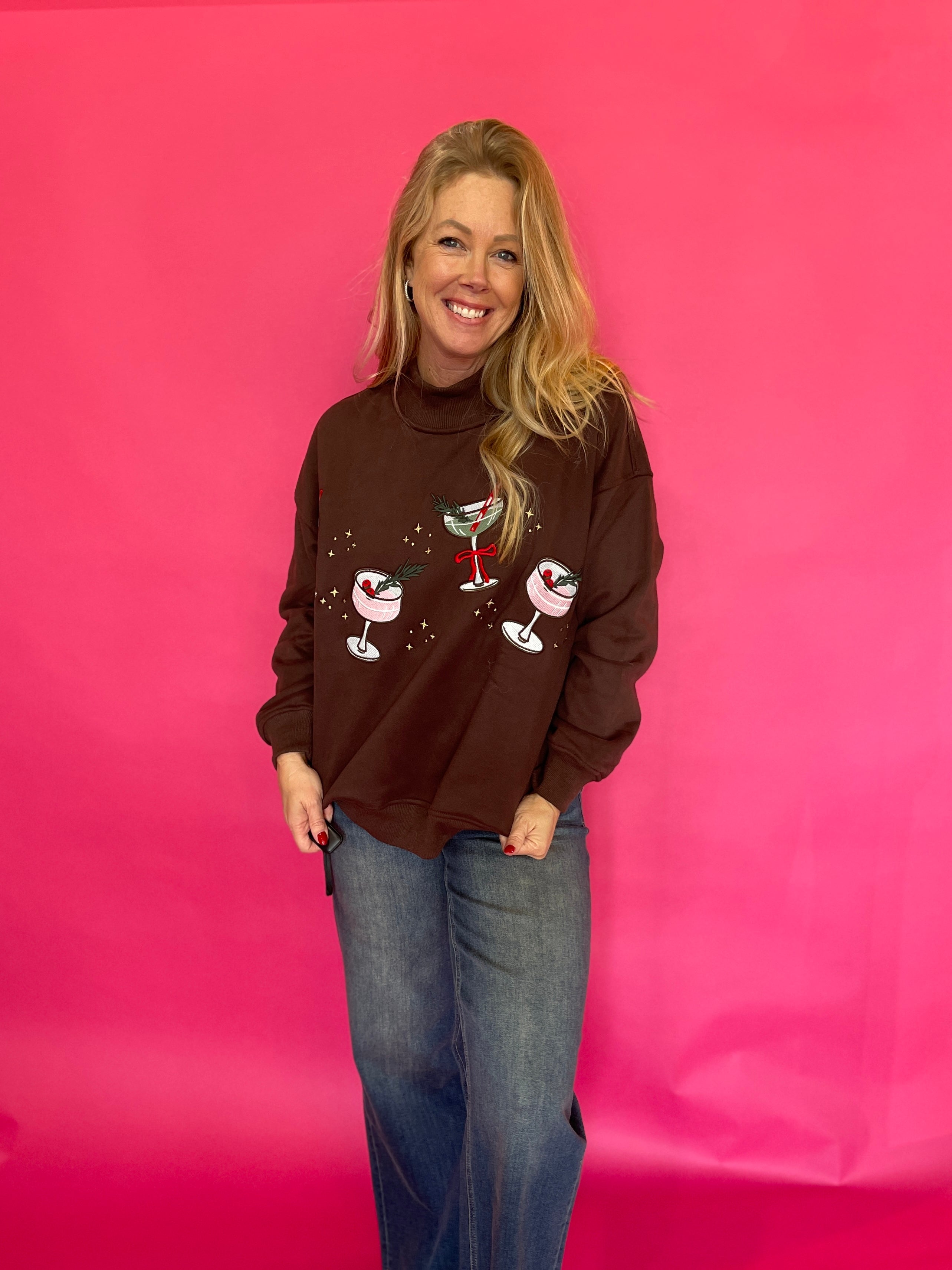 Christmas Cocktail Mock Neck Sweatshirt in Brown