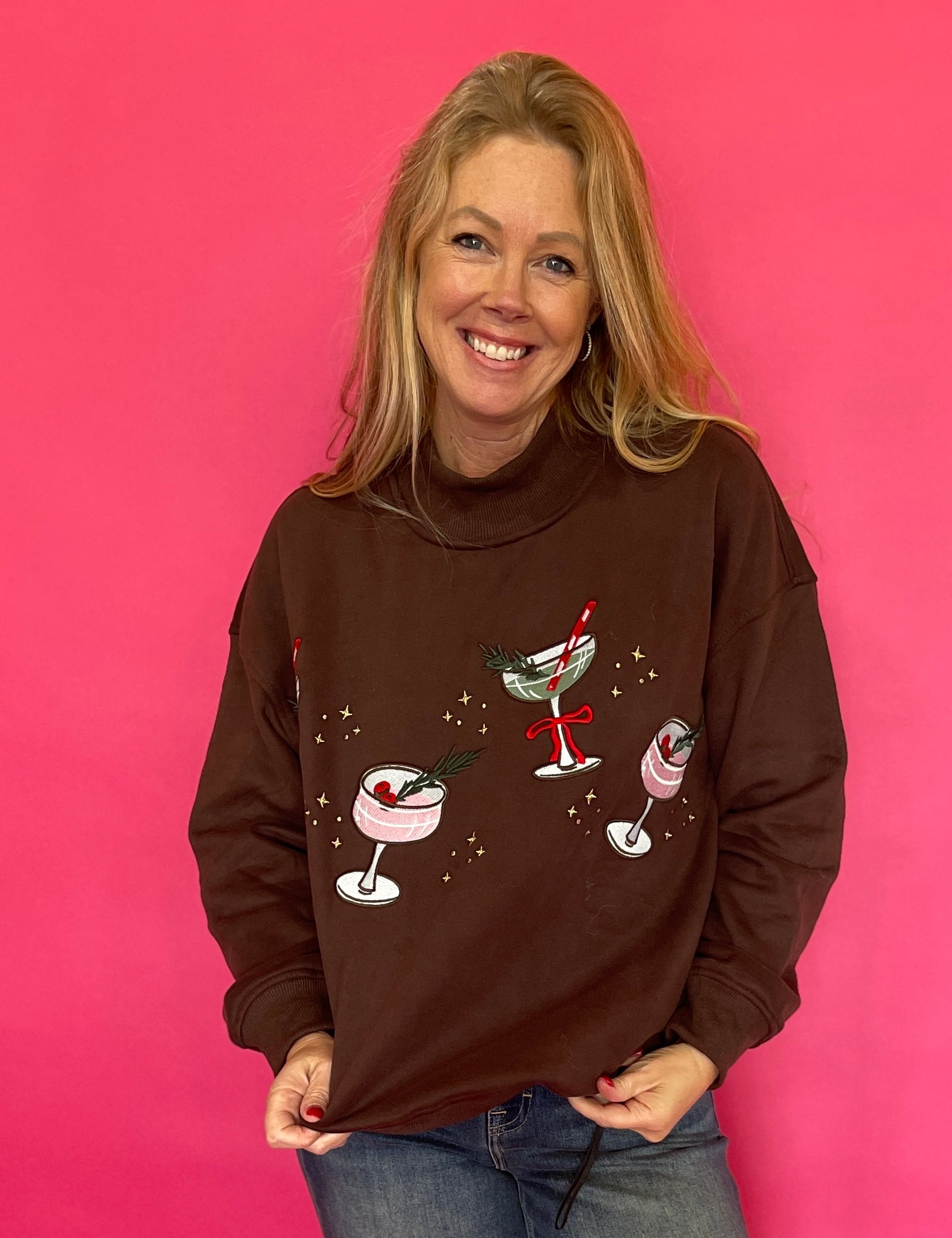 Christmas Cocktail Mock Neck Sweatshirt in Brown
