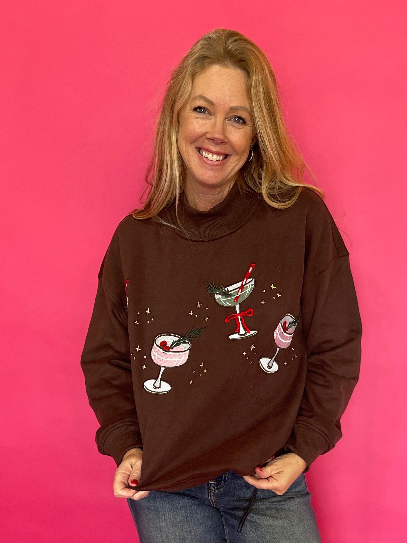 Christmas Cocktail Mock Neck Sweatshirt in Brown