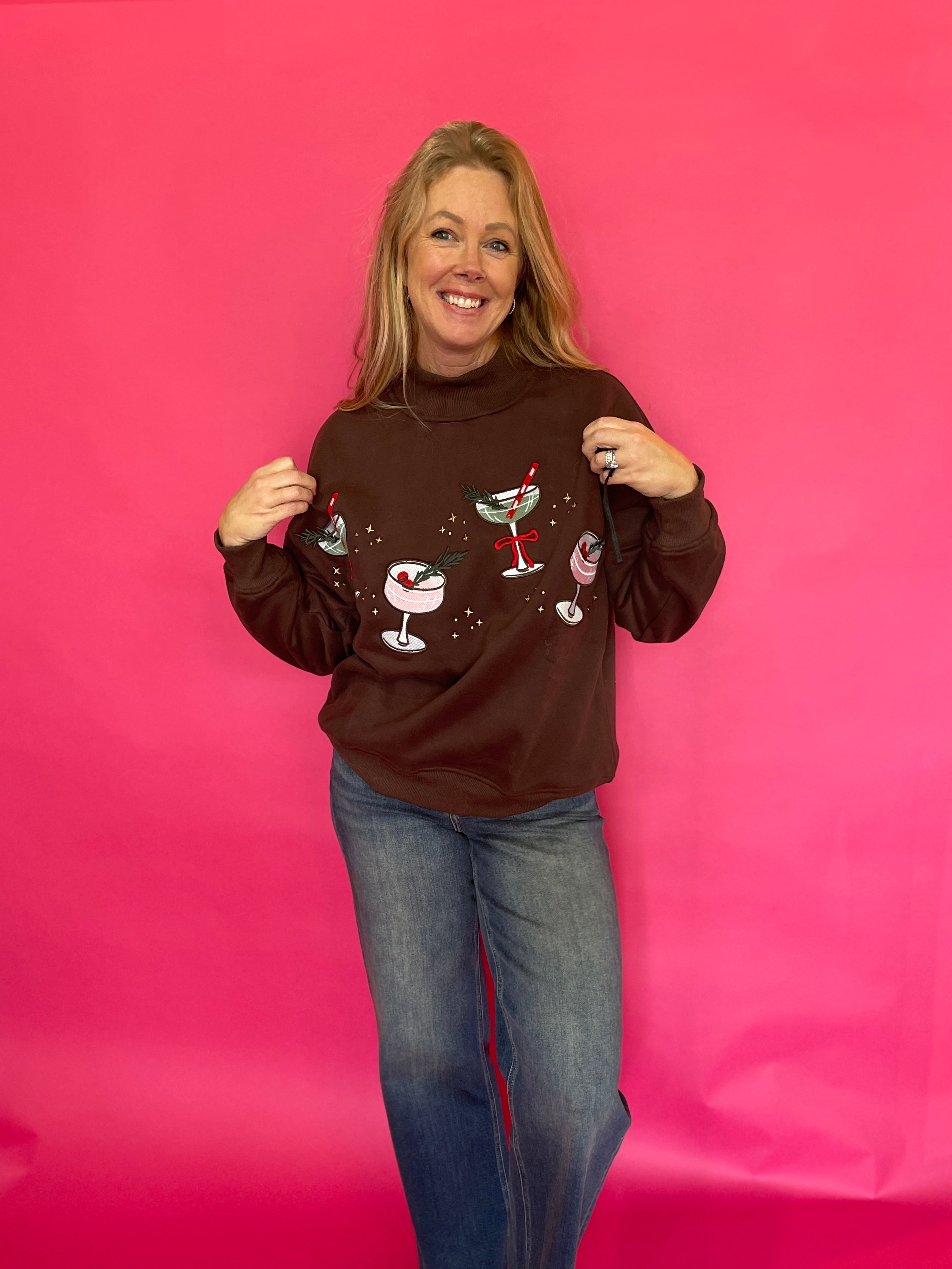 Christmas Cocktail Mock Neck Sweatshirt in Brown