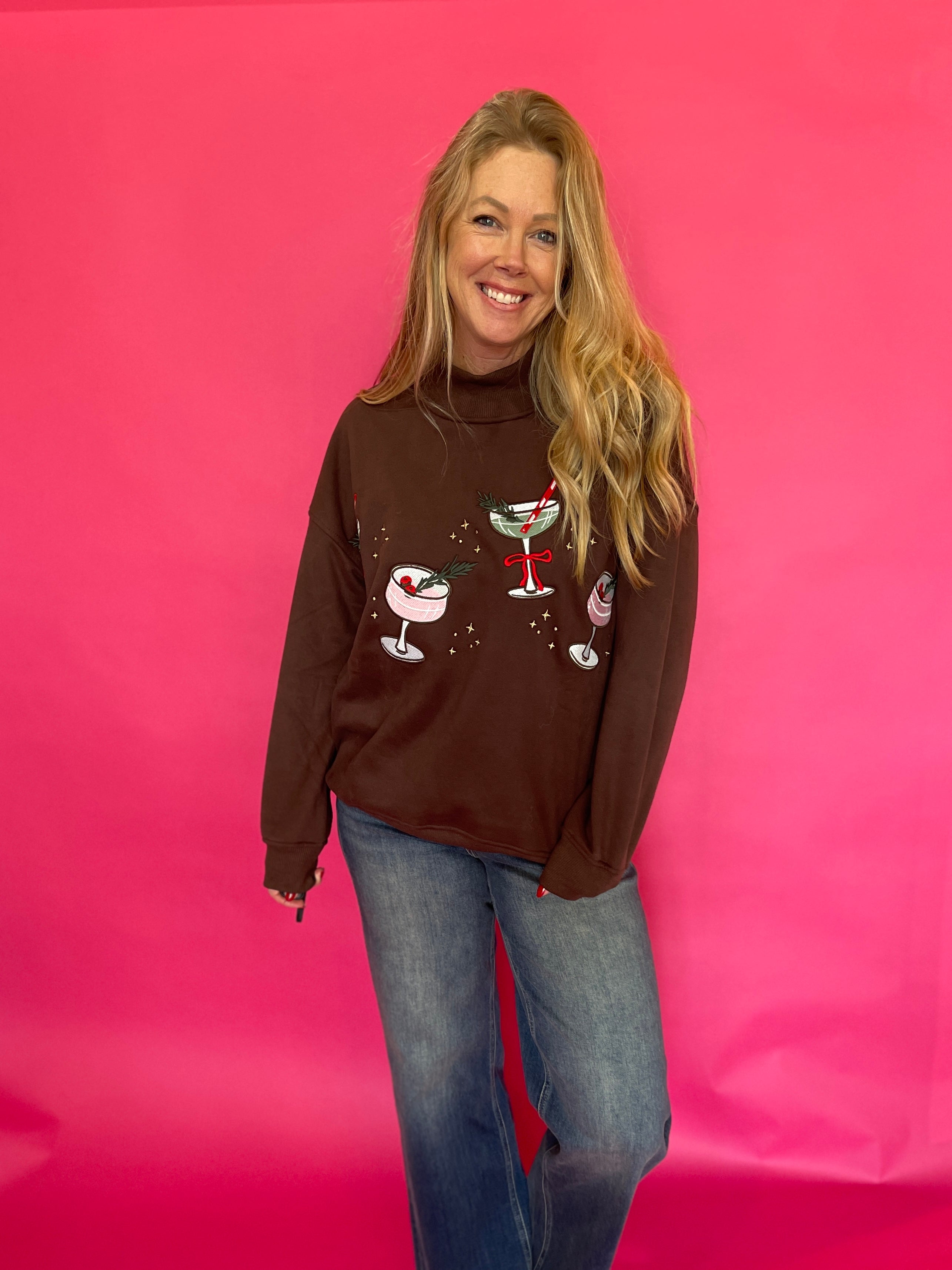 Christmas Cocktail Mock Neck Sweatshirt in Brown