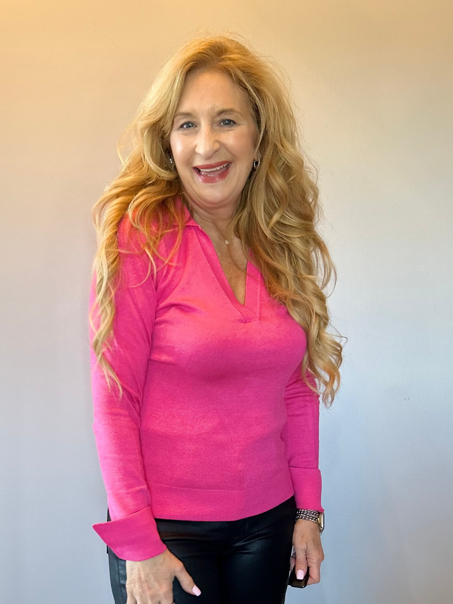 Classic Comfort Polo Knit Top in Pink