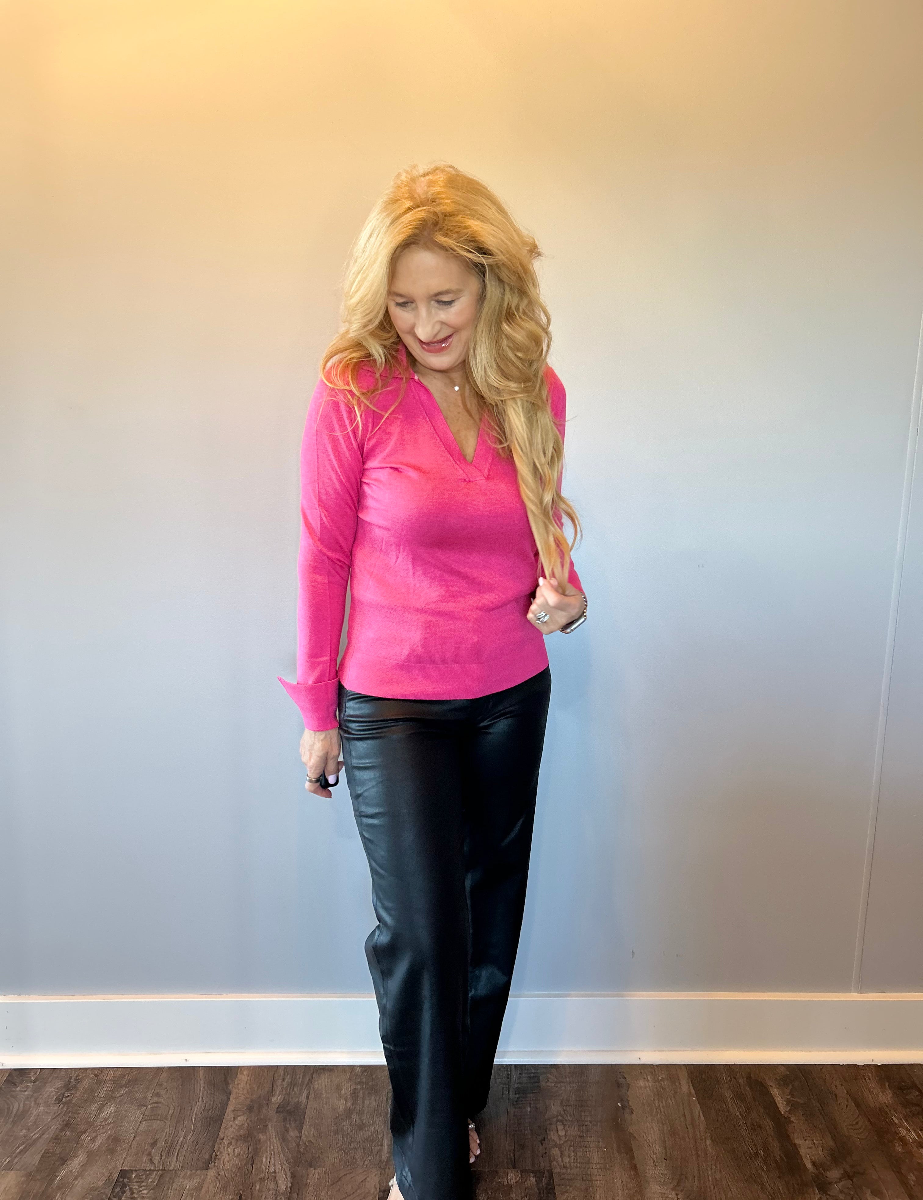 Classic Comfort Polo Knit Top in Pink