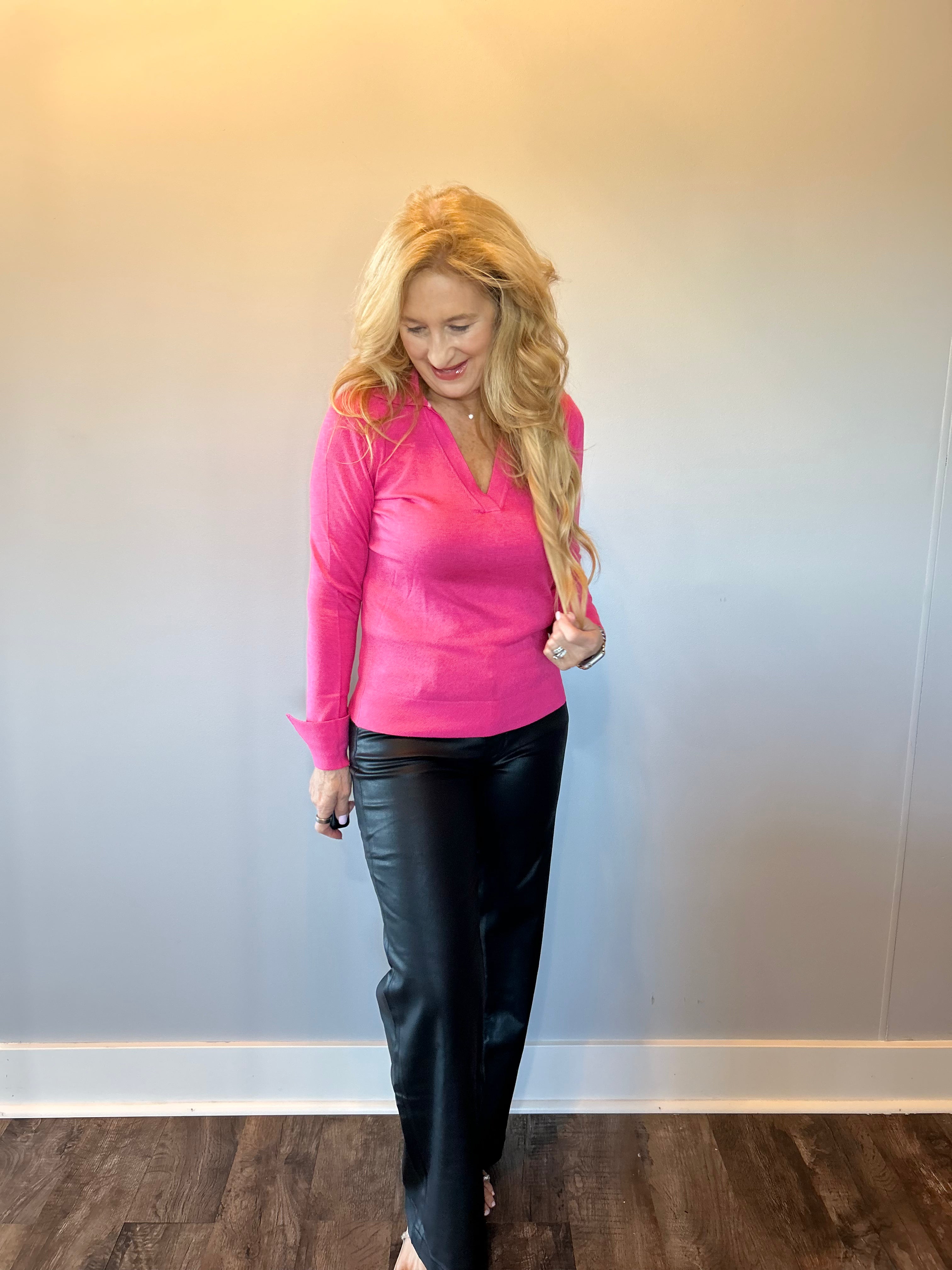 Classic Comfort Polo Knit Top in Pink