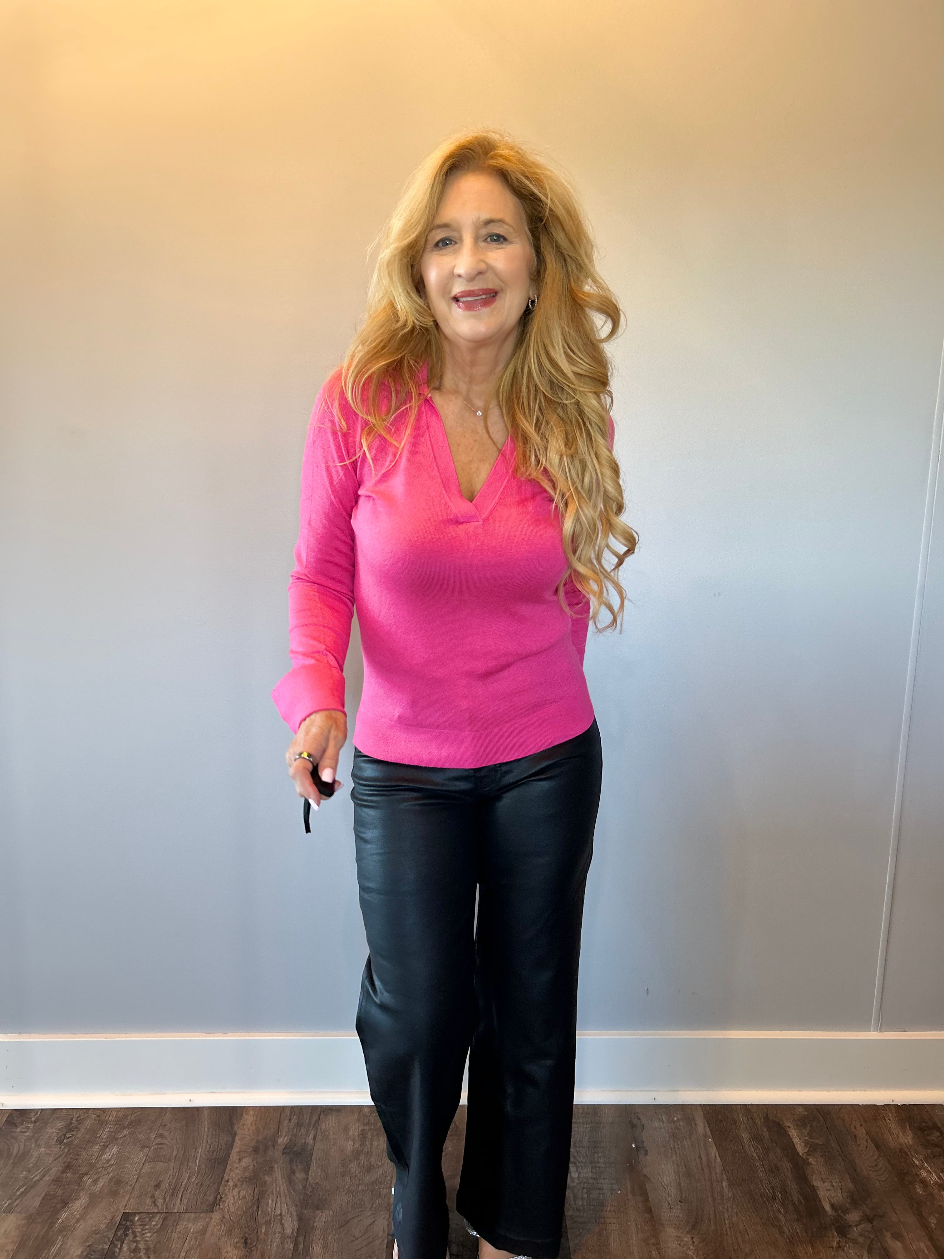 Classic Comfort Polo Knit Top in Pink