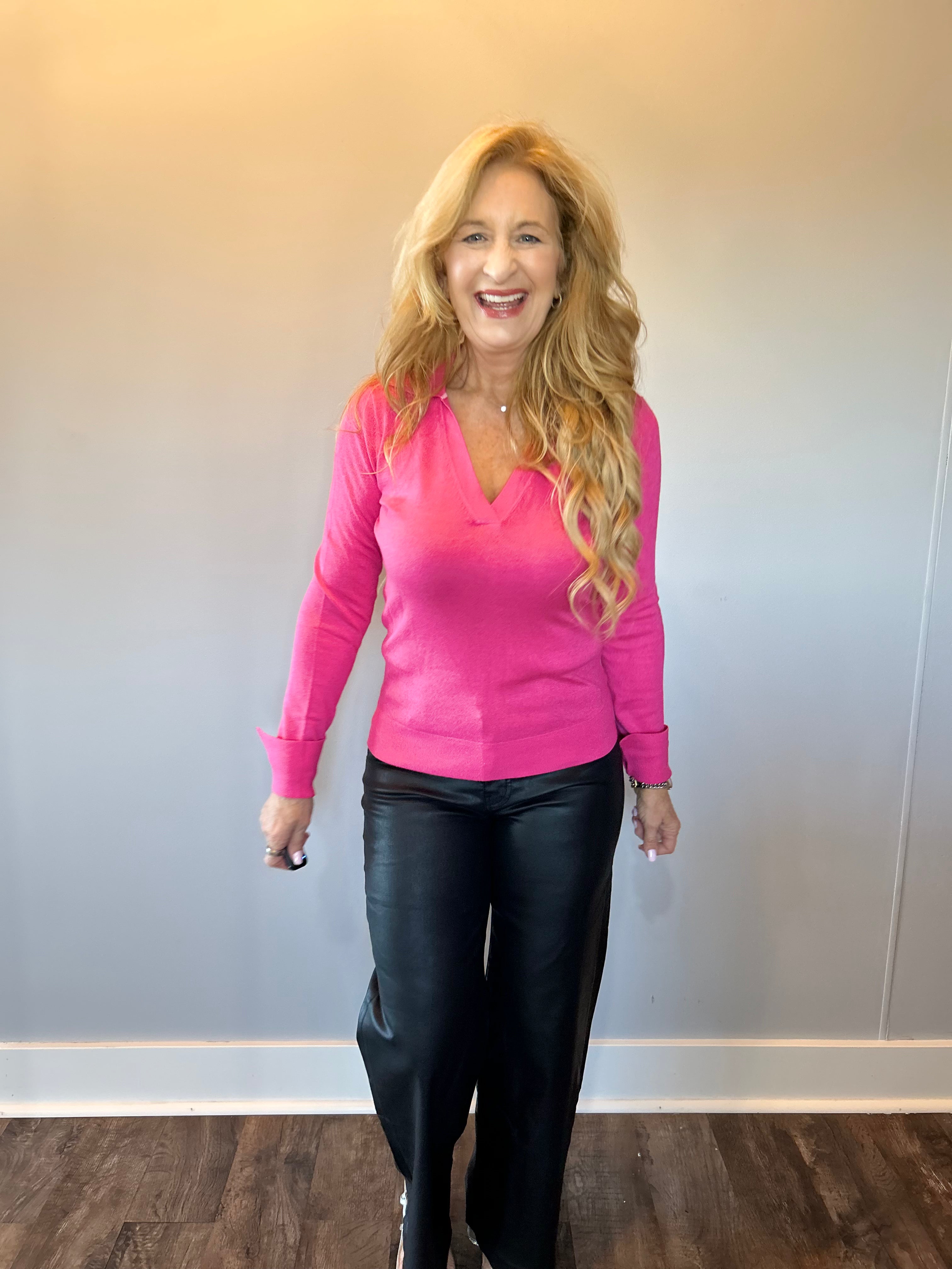 Classic Comfort Polo Knit Top in Pink