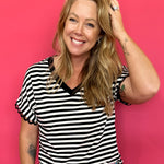 Classic Confidence Striped V-Neck Tee in Black - Shabby 2 Chic Boutiques