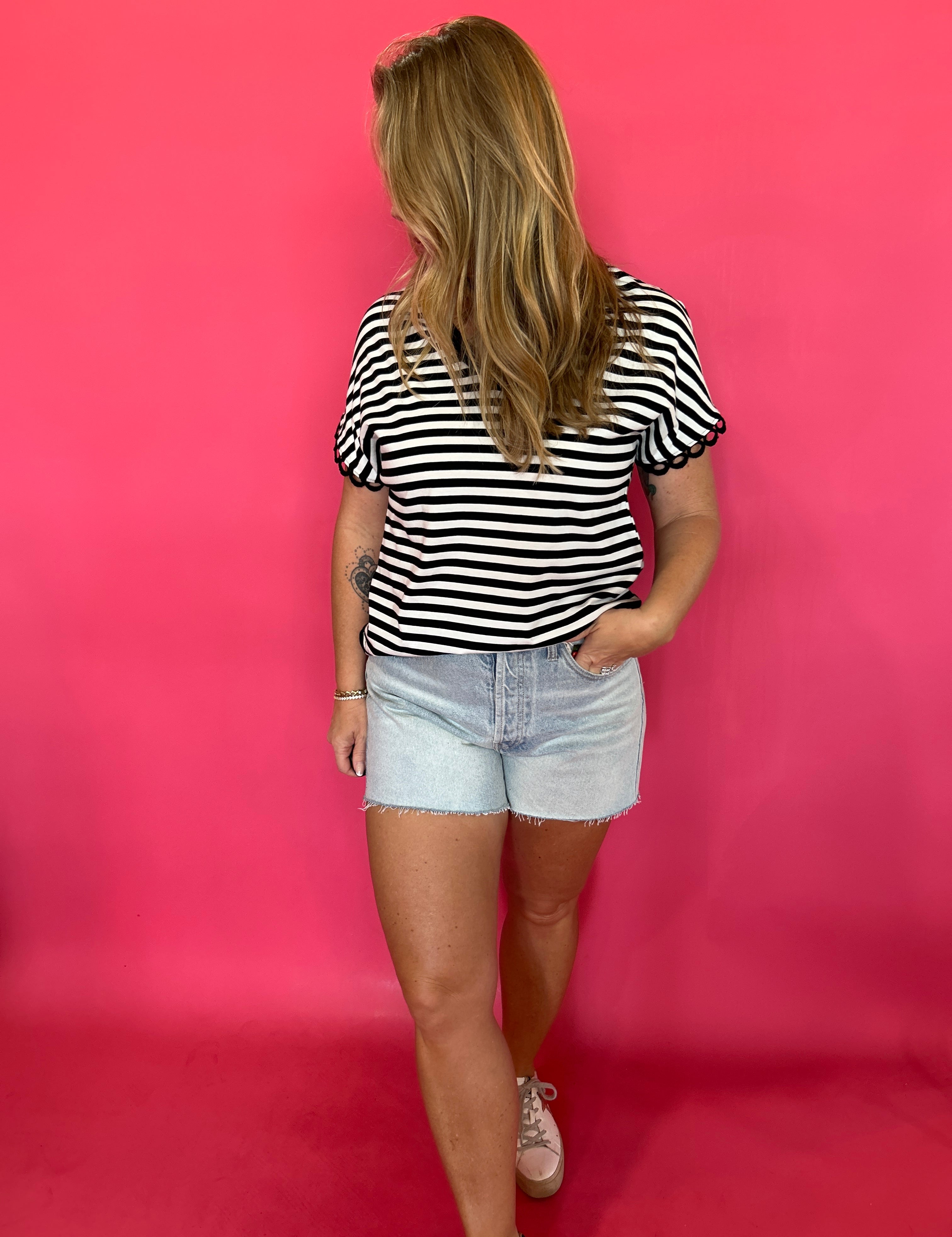 Classic Confidence Striped V-Neck Tee in Black - Shabby 2 Chic Boutiques